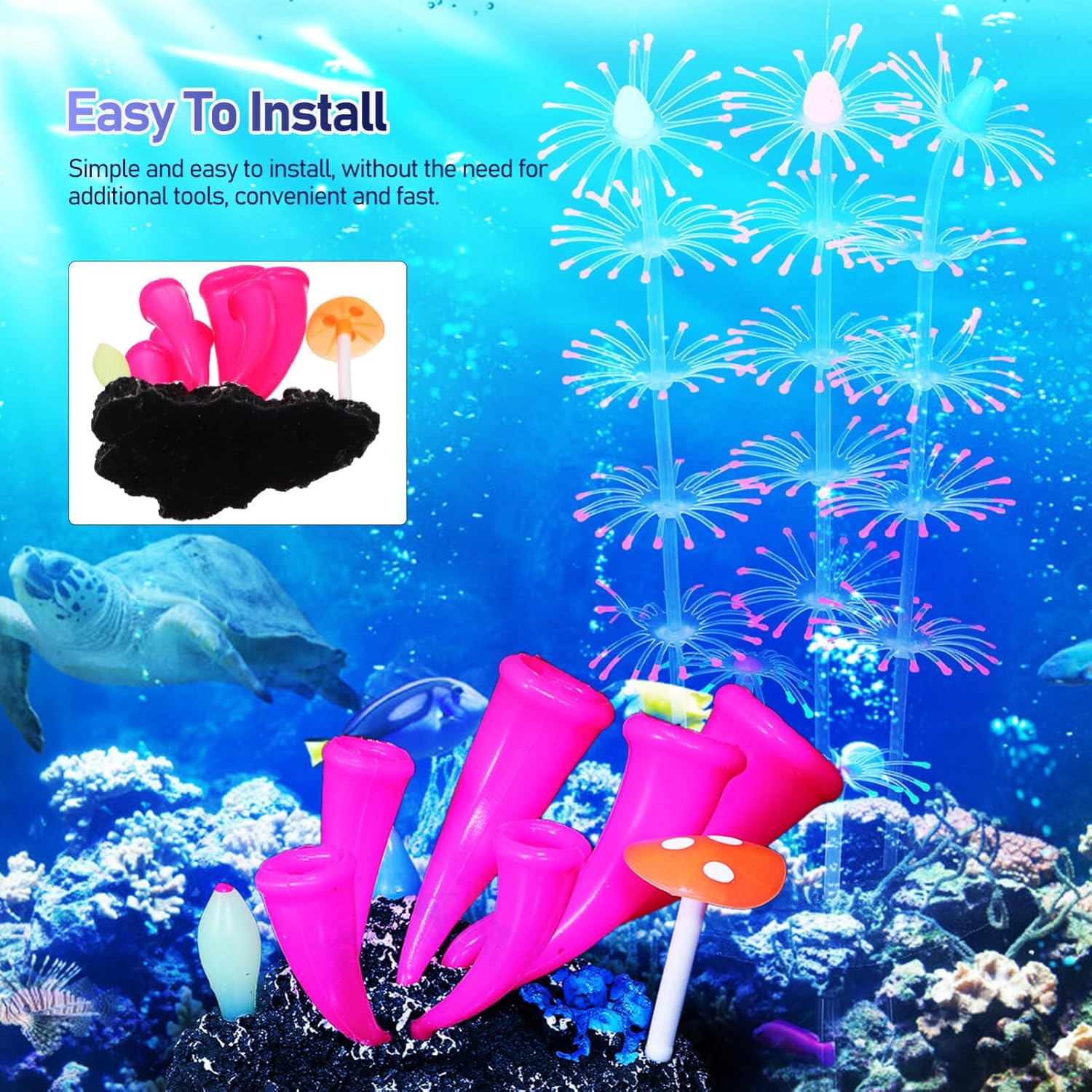 POPETPOP Decoraciones brillantes para pecera, 2 plantas de acuario de simulación de silicona de coral, plantas de acuario, adorno de acuario, planta