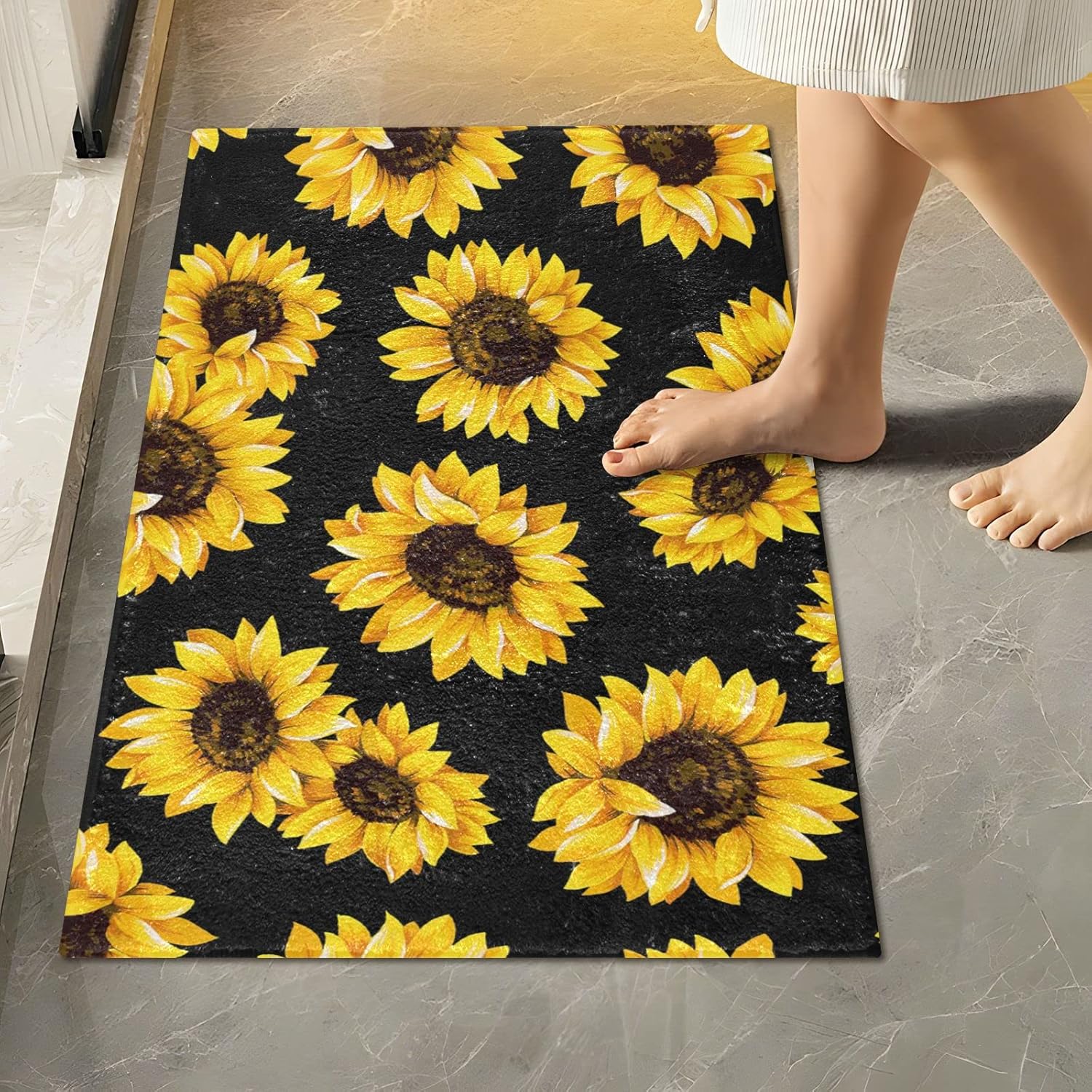 Alfombra de baño negra con girasoles, alfombra de baño suave, absorbente, alfombra de baño, alfombra de baño, alfombra de baño lavable,