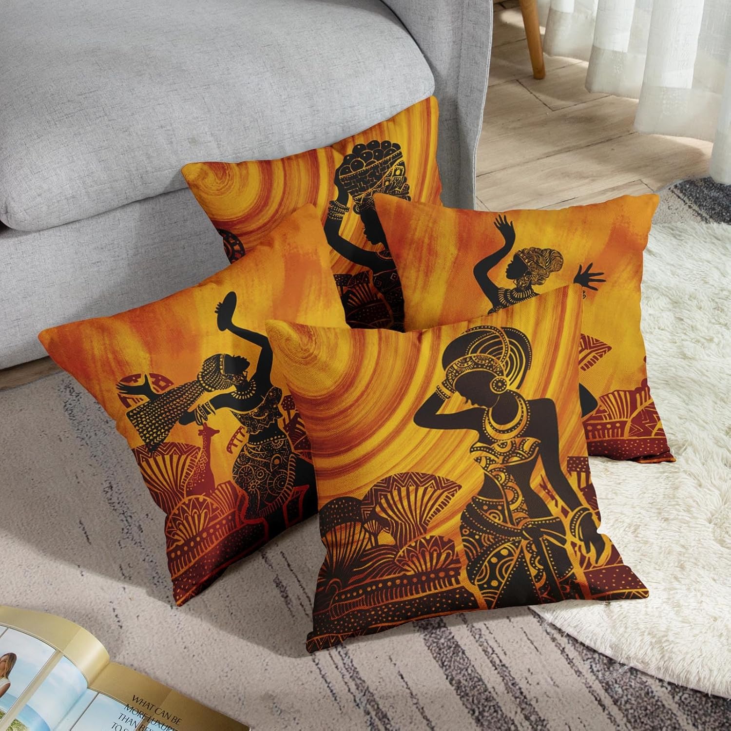 Sanwarm Juego de 4 fundas de almohada decorativas para decoración del hogar, para mujeres africanas, musicales, de 18 x 18 pulgadas, para