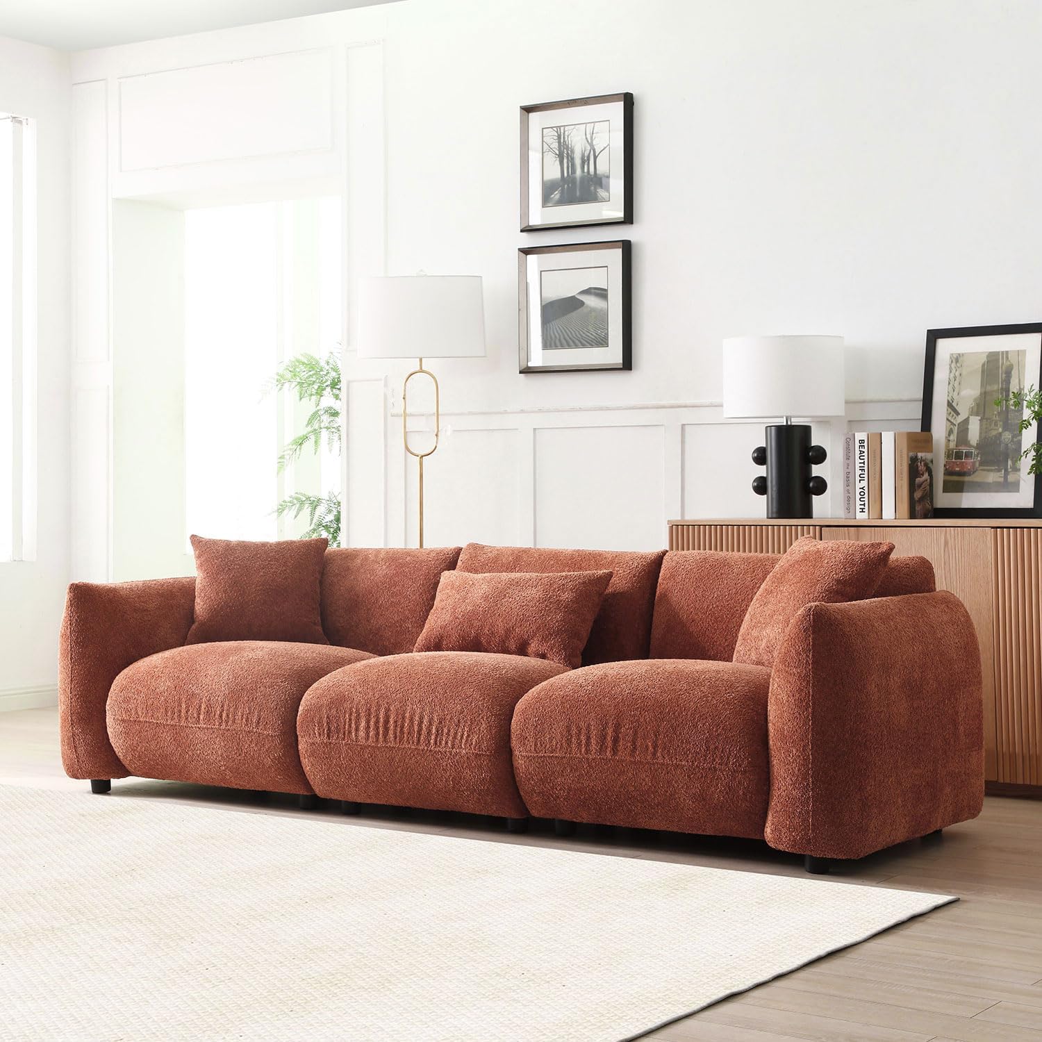 WILLIAMSPACE Sofá modular de 102.36 pulgadas para sala de estar, sofá moderno tapizado en la nube, sofá Boucle con 3 almohadas, 4 asientos de
