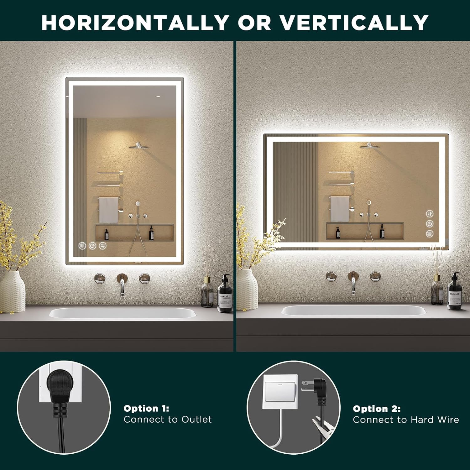 Espejo de baño LED para pared, espejo inteligente de 24 x 40 con luces, espejo LED frontal y retroiluminado para baño, certificación UL, CRI