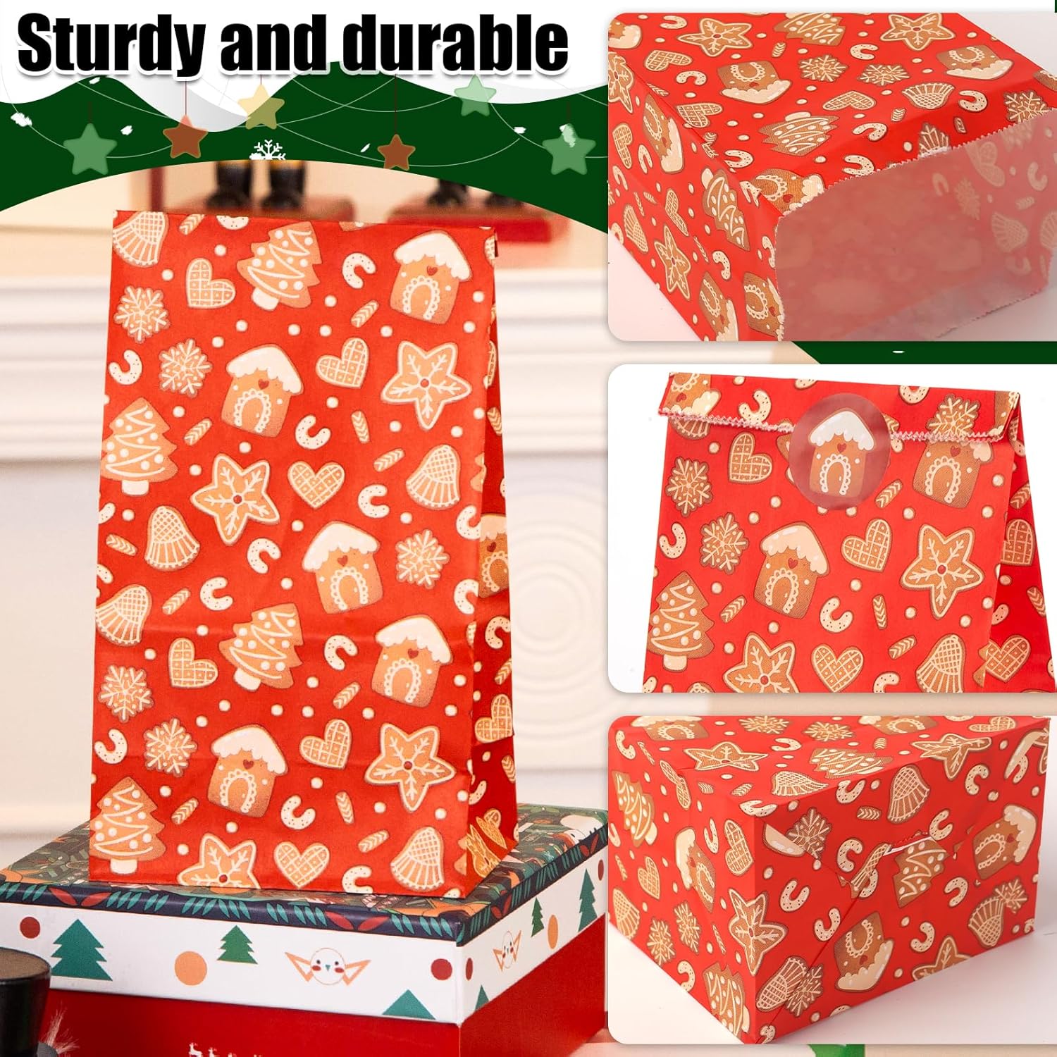 JOHOUSE 54 bolsas de regalos de Navidad, bolsas de regalo de Navidad con calcomanías de sellado, bolsas de regalo de Navidad para galletas,