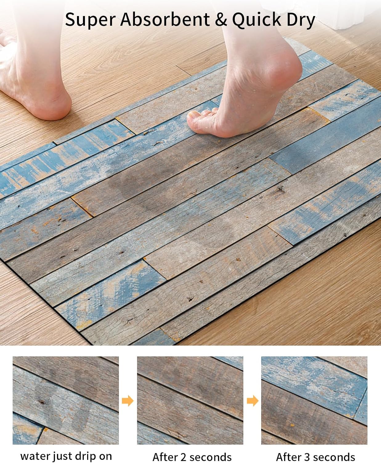 Tapete de baño de diatomeas, estilo retro campestre azul y marrón, tablón de madera, grano de madera, tapete delgado absorbente de baño de secado