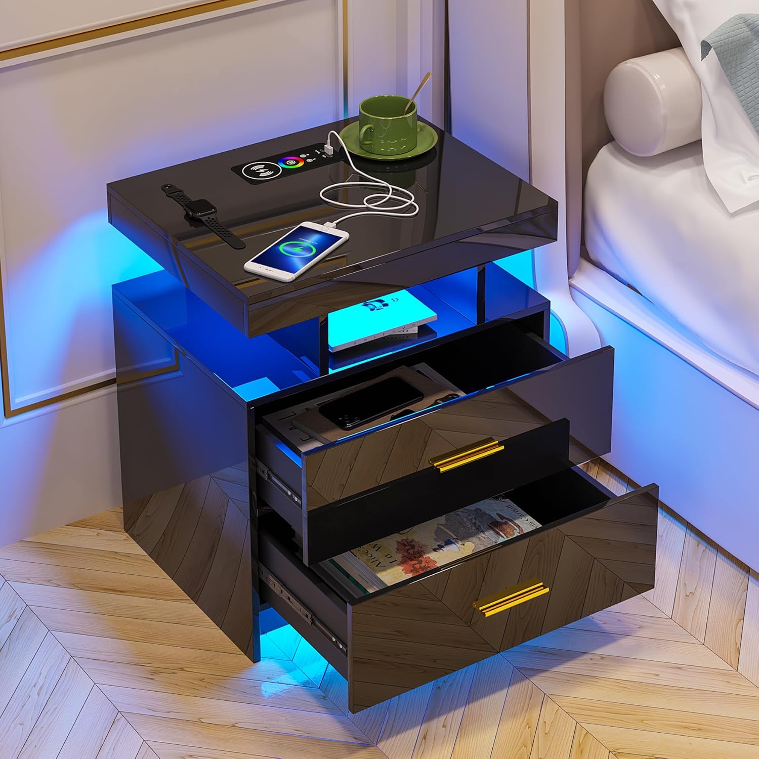 HNEBC Mesita de noche LED, RGB negro con estación de carga USBinalámbrica, moderna mesita de noche con sensor automático de luces RGB, mesa auxiliar