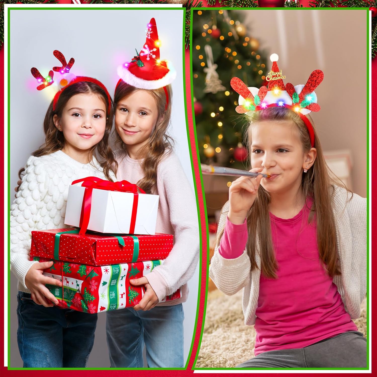 Wettarn 16 diademas LED de Navidad iluminadas, diademas de Navidad, reno, sombrero de Papá Noel, árbol de Navidad, diademas iluminadas para el