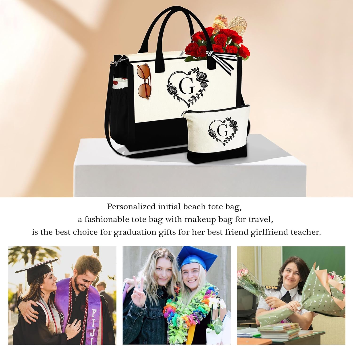 YOOLIFE Bolsa de lona con inicial, bolsa de playa con cremallera, bolsa de maquillaje, regalo de cumpleaños, día de San Valentín, para mujeres,