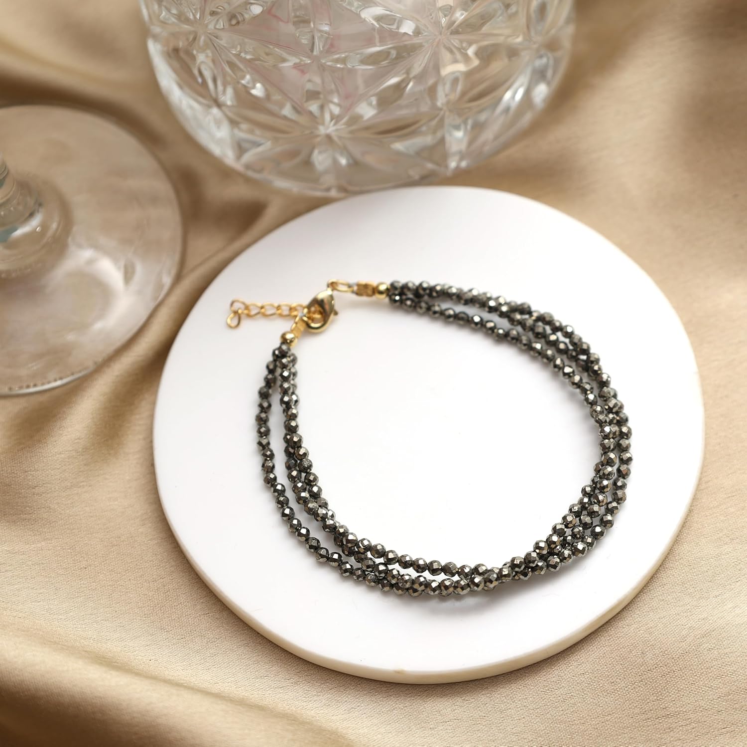 Gempires Pyrite 3 Layered Beaded Bracelet, Faceted Beads, Birthstone Healing Crystals, Gift for Her, 14k Gold Plated Jewelry for Women, 8 inch