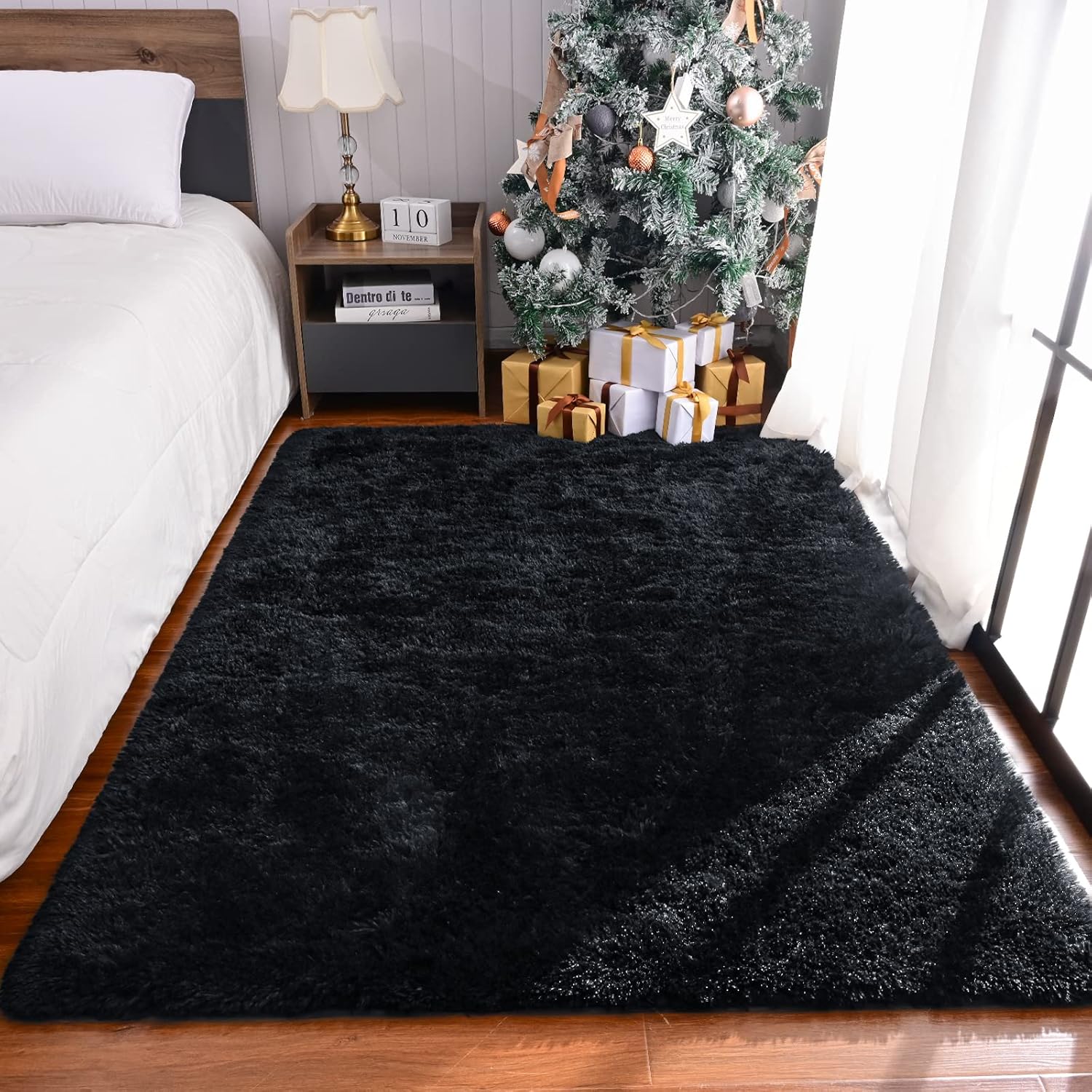 Maxsoft Alfombra mullida de pelo largo para dormitorio, alfombra negra de 6 x 9 pies, para sala de estar, guardería, mesita de noche, alfombra de