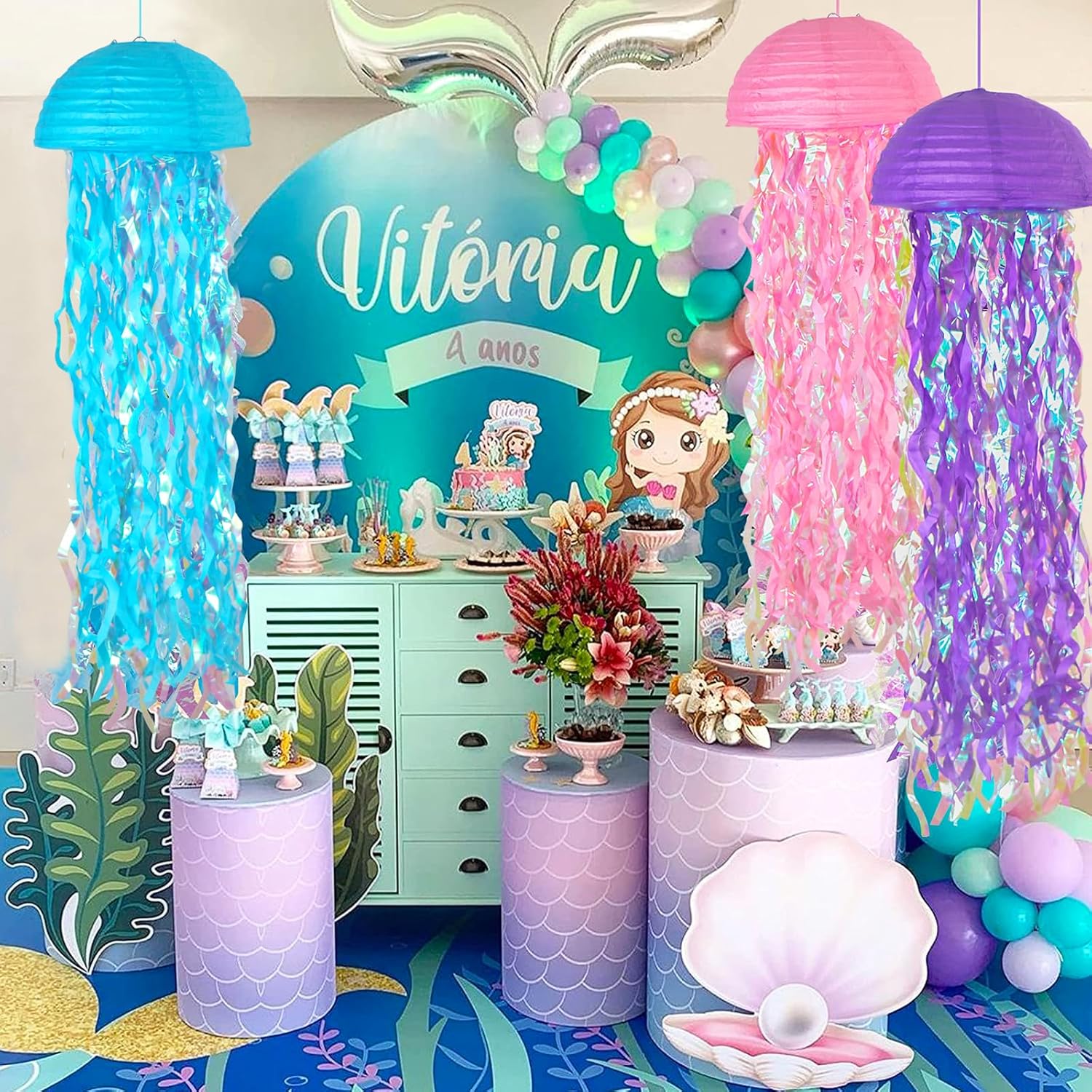 Paquete de 6 faroles de papel de medusas colgantes de sirena, farol de deseos de sirena, suministros de fiesta temática oceánica, ideales para