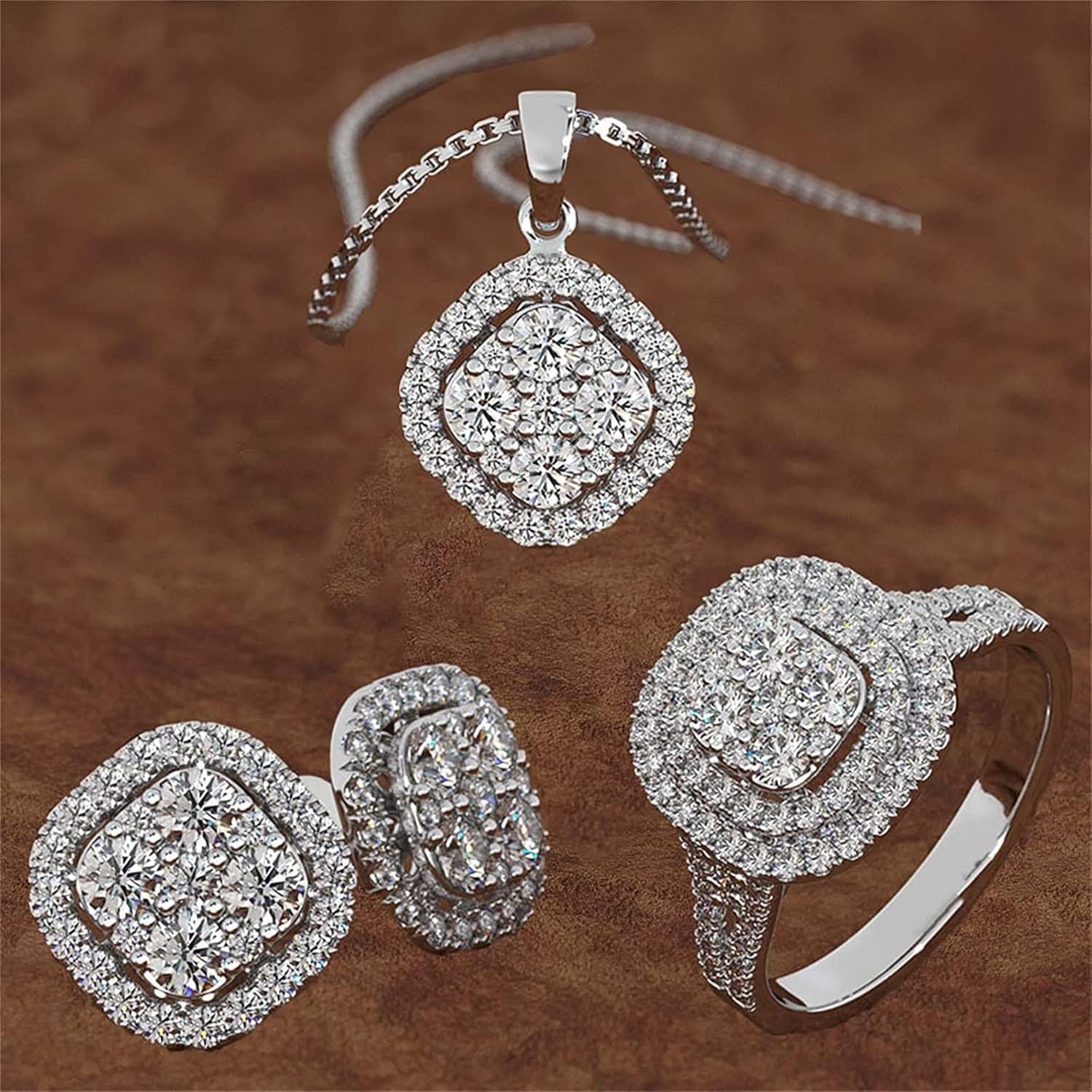 Juego completo de 3 piezas de joyas de diamantes para mujer, collares de circón de lujo, aretes, anillos, joyería de moda, regalos para damas,