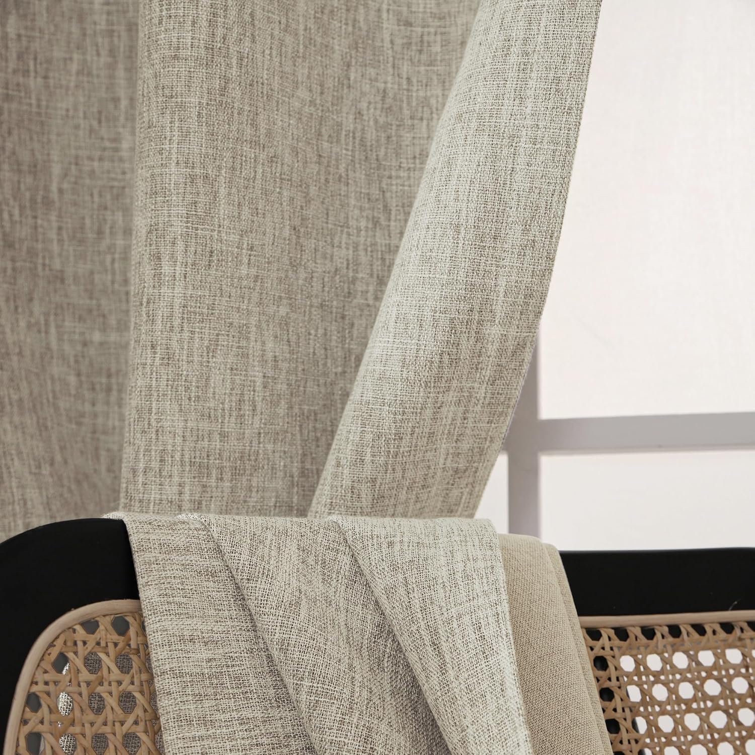 INLINAS Cortinas opacas con textura de nudos de bambú de lino de 52 x 84 pulgadas, 100% bloqueo de luz, tela de triple capa beige con ruido, pestaña