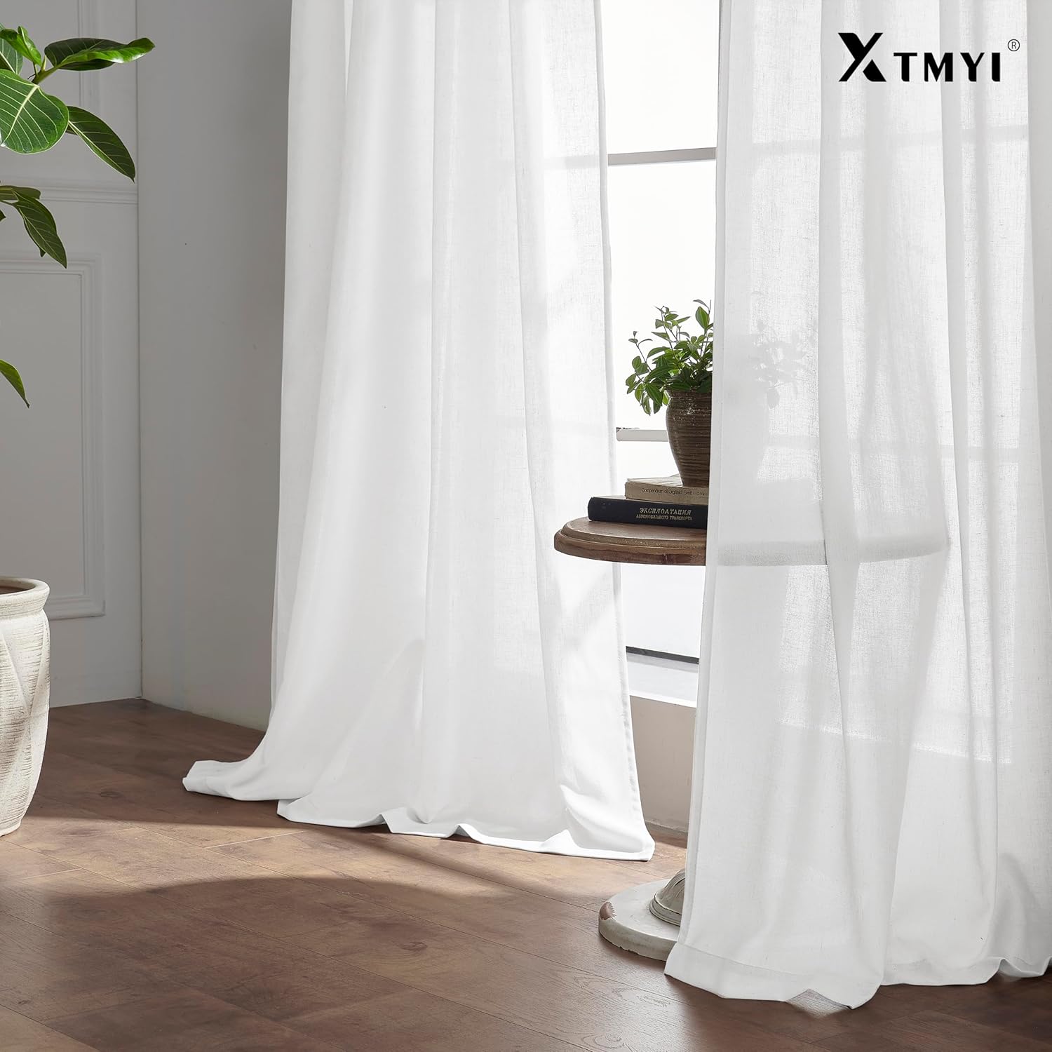 XTMYI Cortinas blancas de 90 pulgadas de largo para sala de estar, juego de 2 paneles con cinta de gancho y pestaña trasera, cortinas de lino para