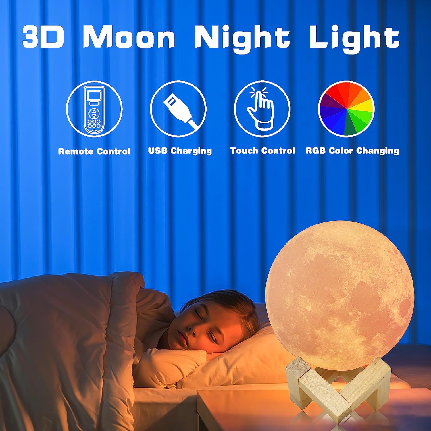Lámpara de luna, impresión 3D de 4.72 pulgadas, 16 colores, luz nocturna de luna con soporte, control remoto y táctil, brillo ajustable y recarga