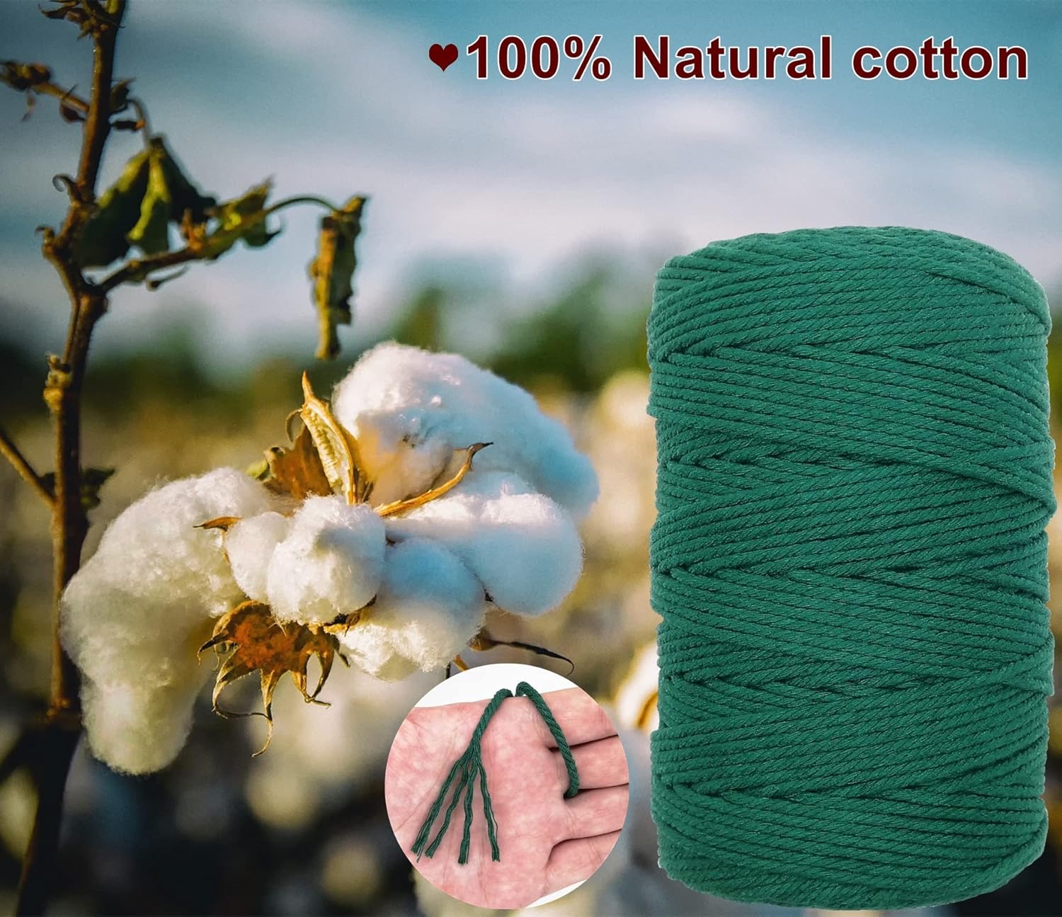BYWORLD – Cuerda de macramé de 0.118 in, cuerda de algodón de 220 yardas (656.2 ft), cuerda de macramé de color 100% algodón natural para kit de