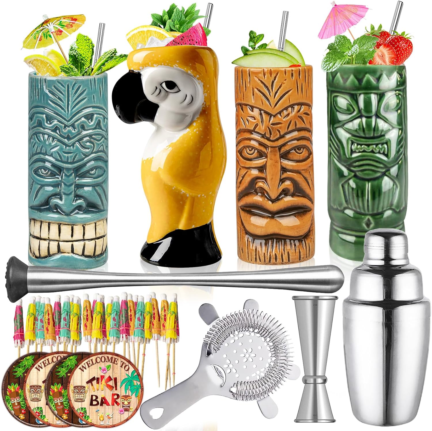 Tiki – Juego de 4 tazas de cóctel grandes hawaianas con pajitas, posavasos, jigger, colador, coctelera, púas de cóctel, Muddler, fiestas lindas