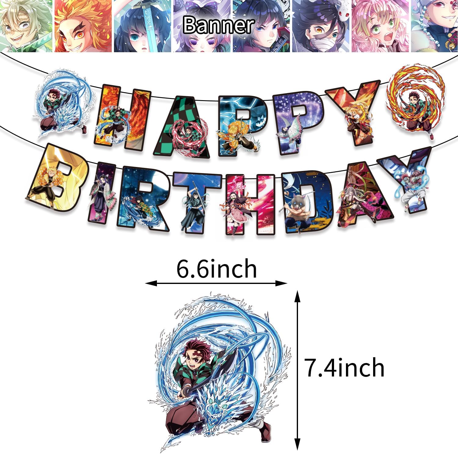 13 piezas de suministros de fiesta de Demon Slayers, 6 espirales colgantes de Demon Slayer y 1 pancarta de feliz cumpleaños para decoración de