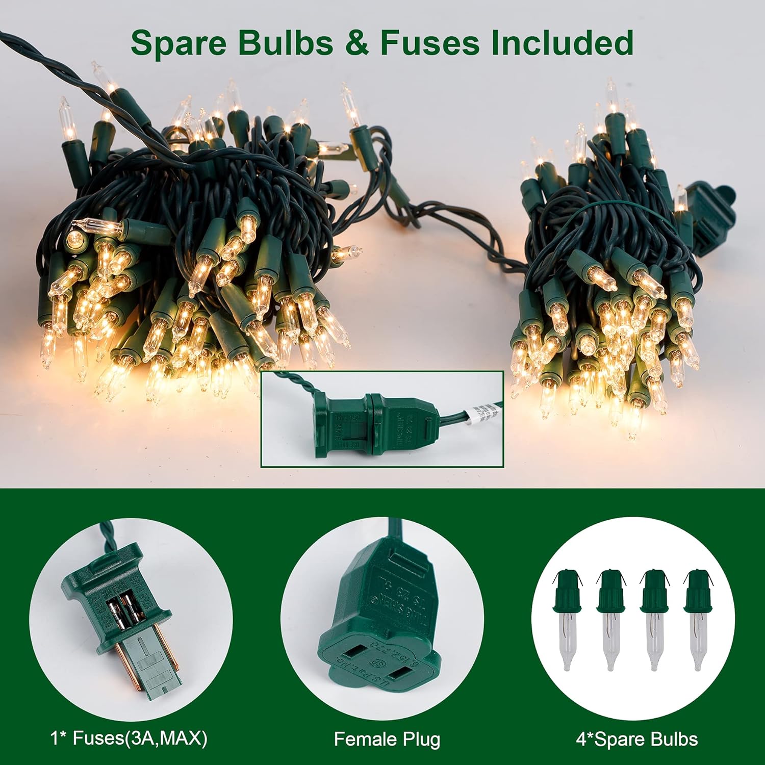 Luces de Navidad, 150 unidades, 33 pies, luces de hadas de alambre verde, luces de árbol de Navidad conectables con certificación UL de 120 V para