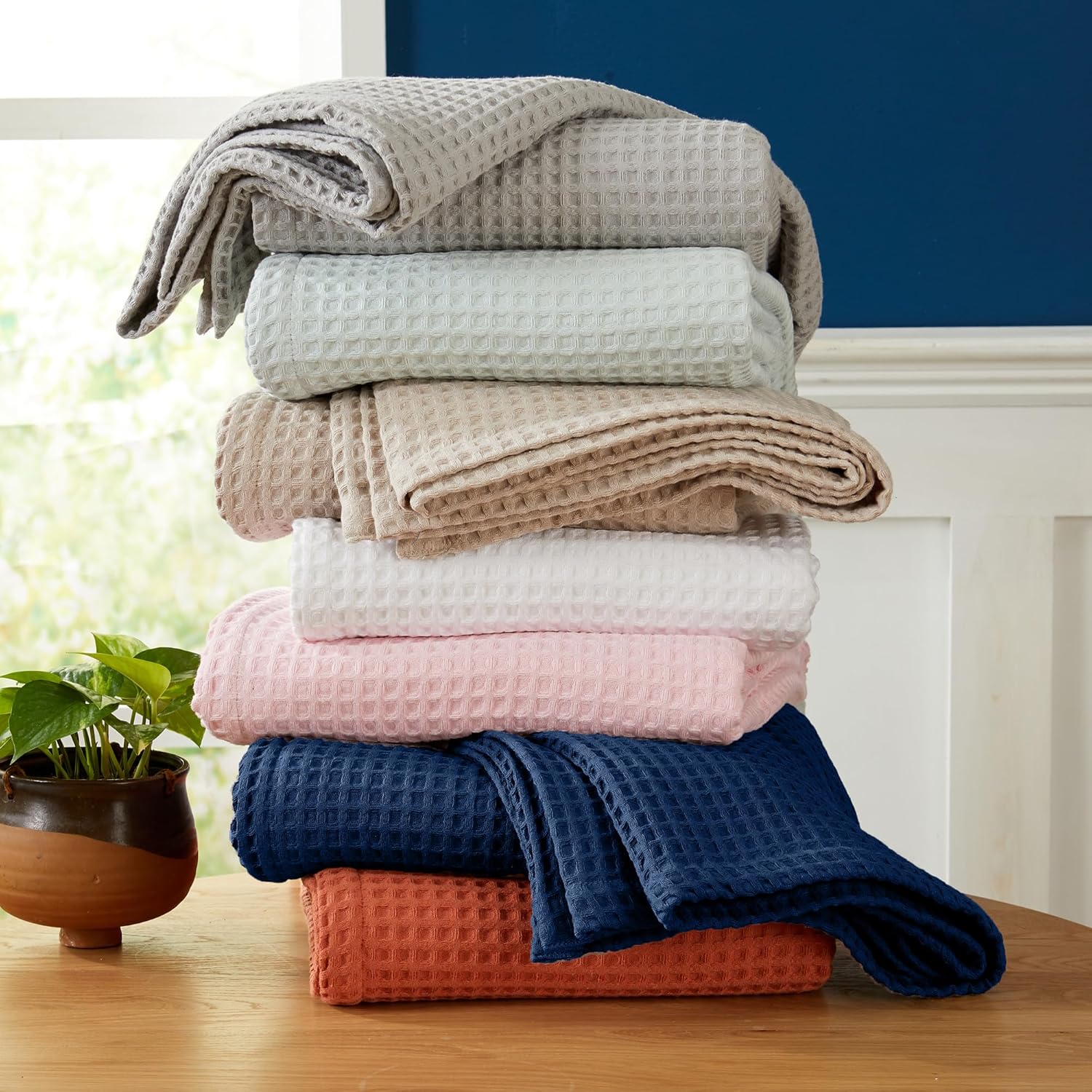 Manta de cama 100 % algodón con tejido de gofre, suave, transpirable y ligera para todas las estaciones, perfecta para usar en capas, colección