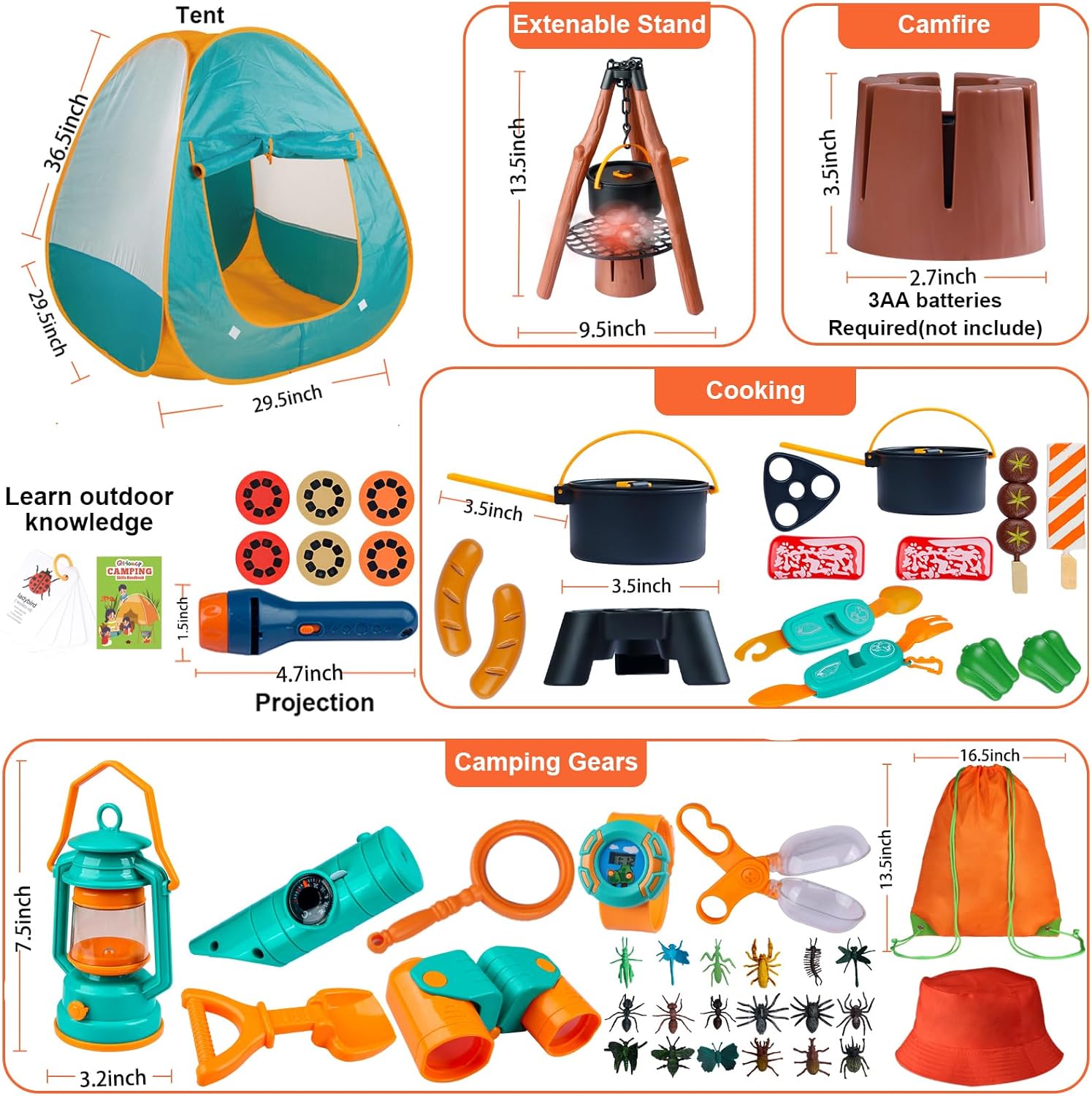 Juego de campamento para niños, 50 piezas con tienda de campaña y proyector espacial, juego de juguetes de fogata al aire libre para niños pequeños,