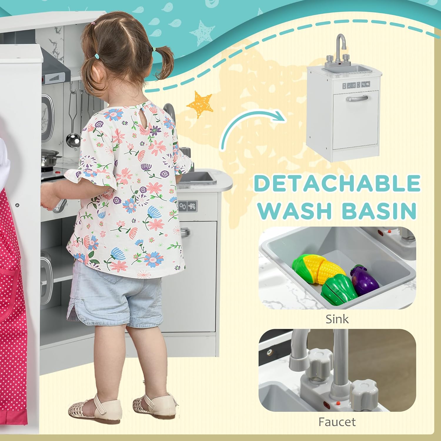 Qaba Juego de cocina de madera para niños pequeños, juguete de simulación para niños con luces, sonidos, delantal y sombrero de chef, máquina de