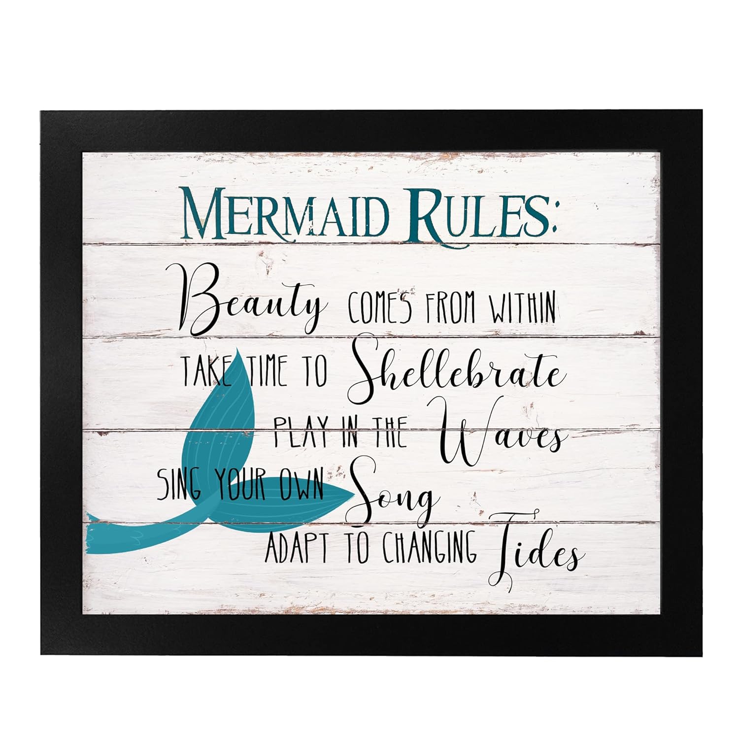 Mermaid Rules – Inspirational Beach Wall Art, Distressed Wood Design Ocean Wall Decor Print, Ideal Wall Decor For Home Decor, Bedroom Wall Art,