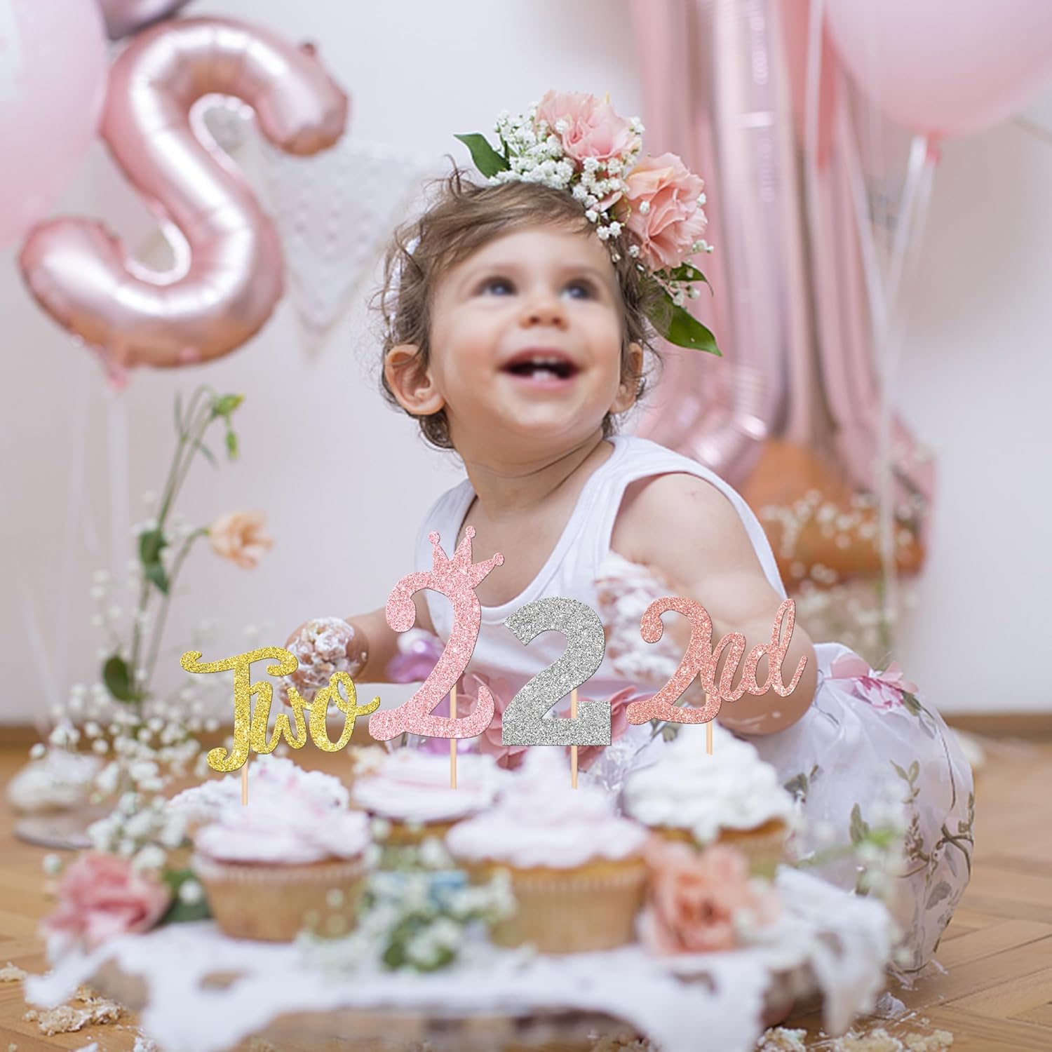 24 piezas de dos adornos para cupcakes con purpurina, dos púas para cupcakes de 2 cumpleaños, número 2, dos palillos para pasteles para baby shower,
