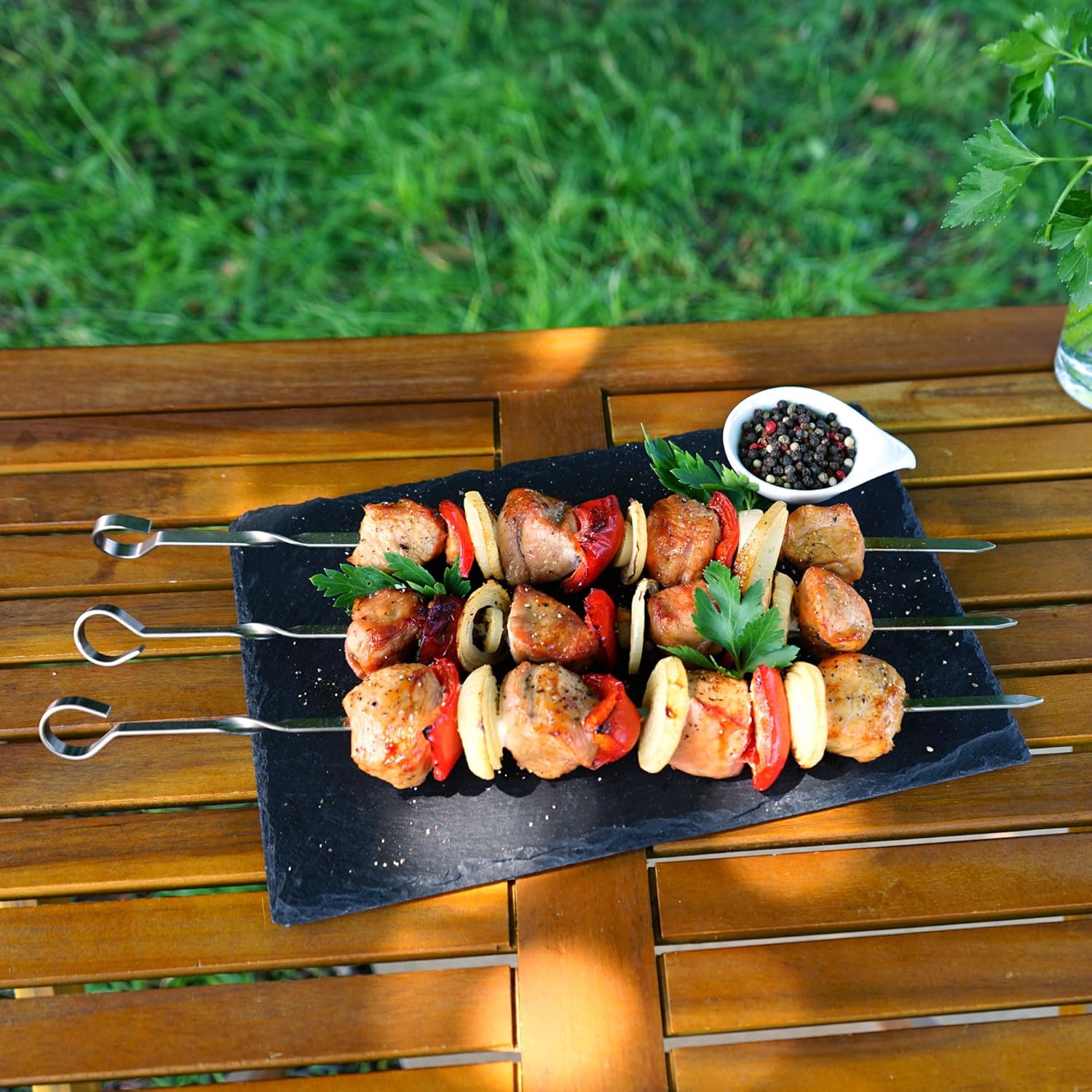 Tastysmoke Brochetas de alta calidad para brochetas y parrilla con estante  6 pinchos planos largos de acero inoxidable  Brochetas reutilizables