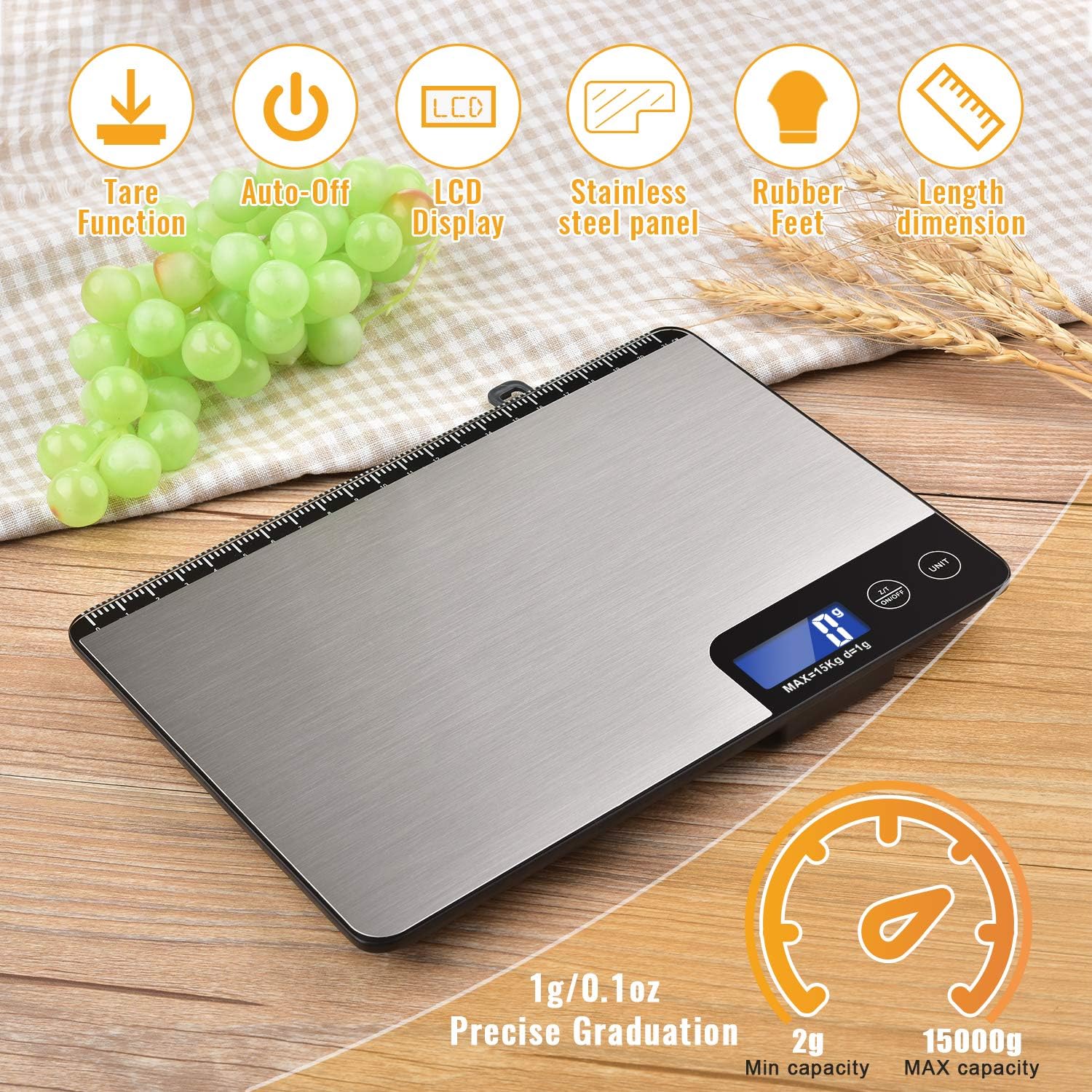 Báscula digital de cocina de 33 libras, área de pesaje grande, báscula electrónica profesional de alimentos, báscula doméstica de acero inoxidable,