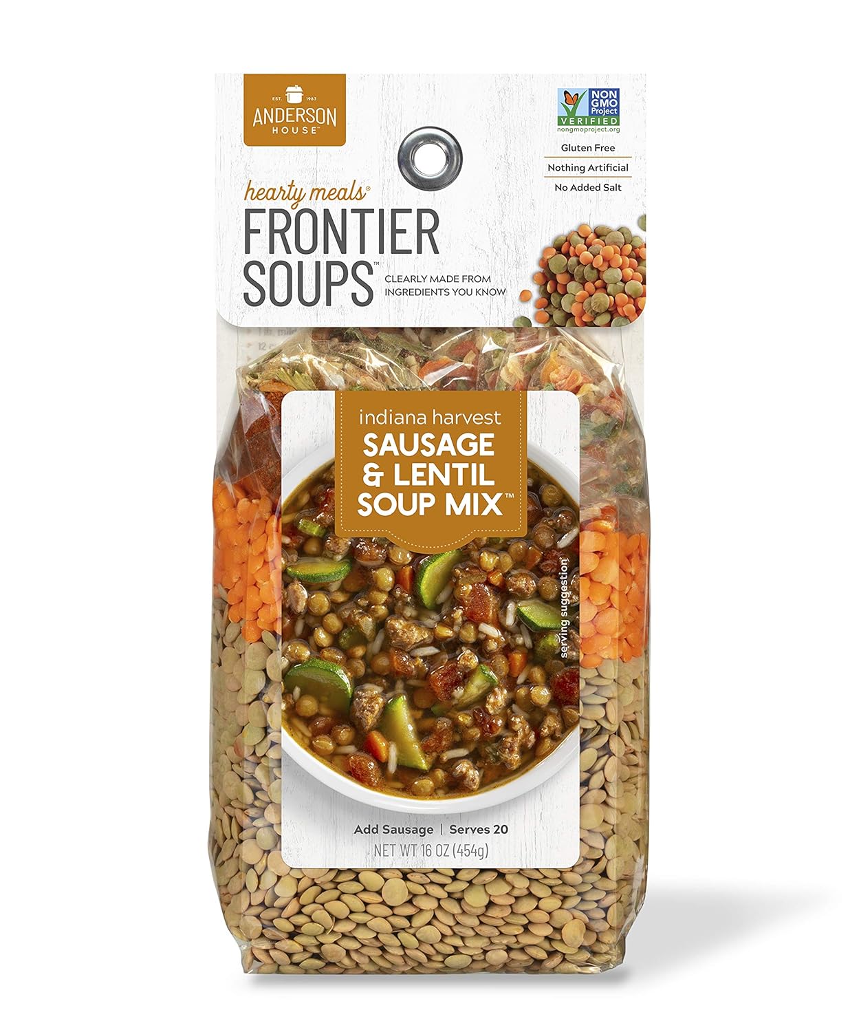 Frontier Soups Comidas abundantes de la cosecha de indiana salchichas y lentejas, 16 onzas, paquete de 2