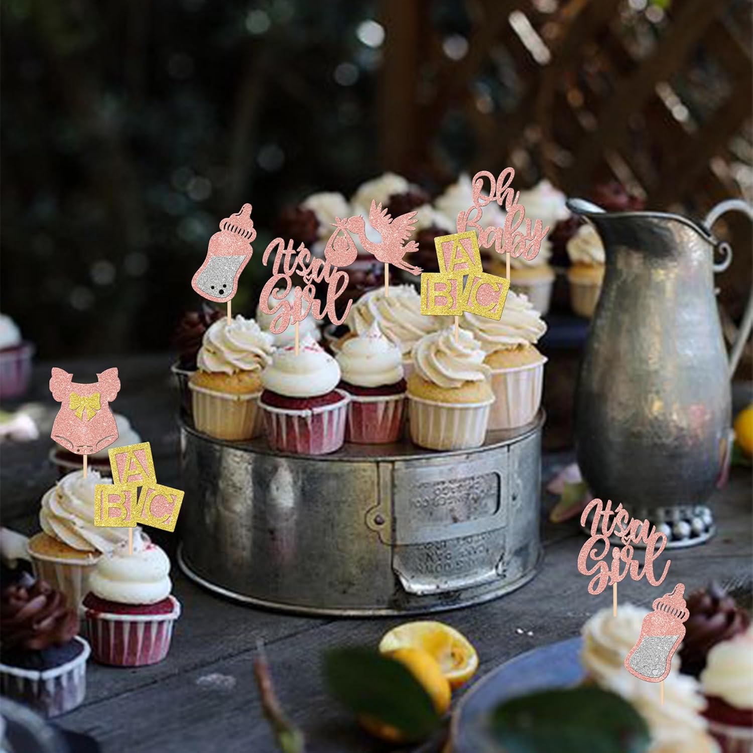 30 piezas de decoración de cupcakes para baby shower, vestido con lazo con purpurina, biberón para cupcakes “It’s a Girl”, decoración de pasteles