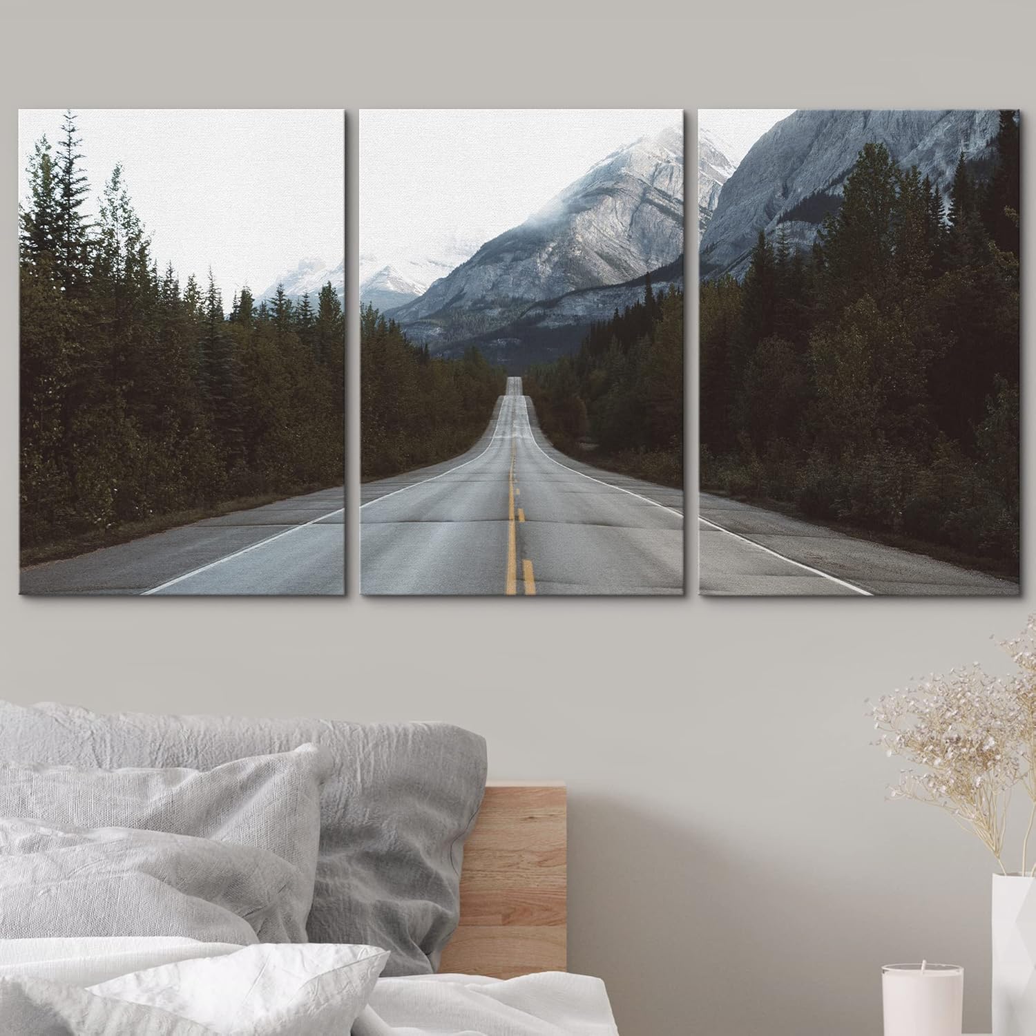wall26 – Arte de pared en lienzo de 3 piezas, camino en la zona de la montaña, arte moderno para el hogar, estirado y enmarcado listo para colgar,