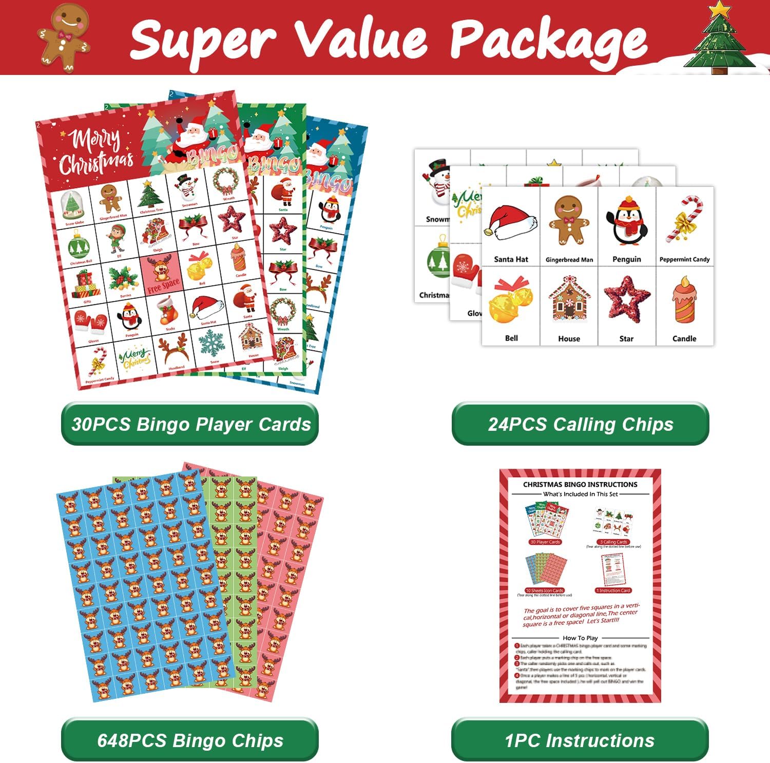 46 tarjetas de juego de bingo de Navidad para 30 jugadores, juegos de fiesta de Navidad para niños, actividades en el aula