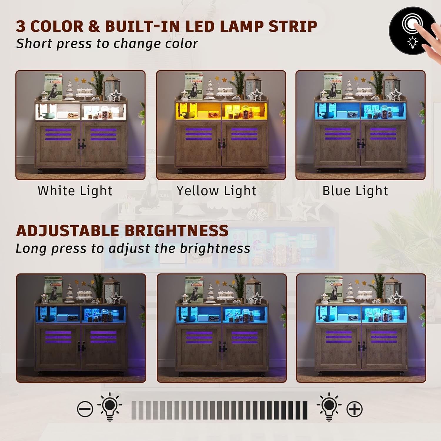 FOMNEY Caja de arena para gatos, mueble oculto con cuerpo humano, 3 luces LED de color, jaula para gatos con 2 cajones abiertos y 1 puerto USB, casa