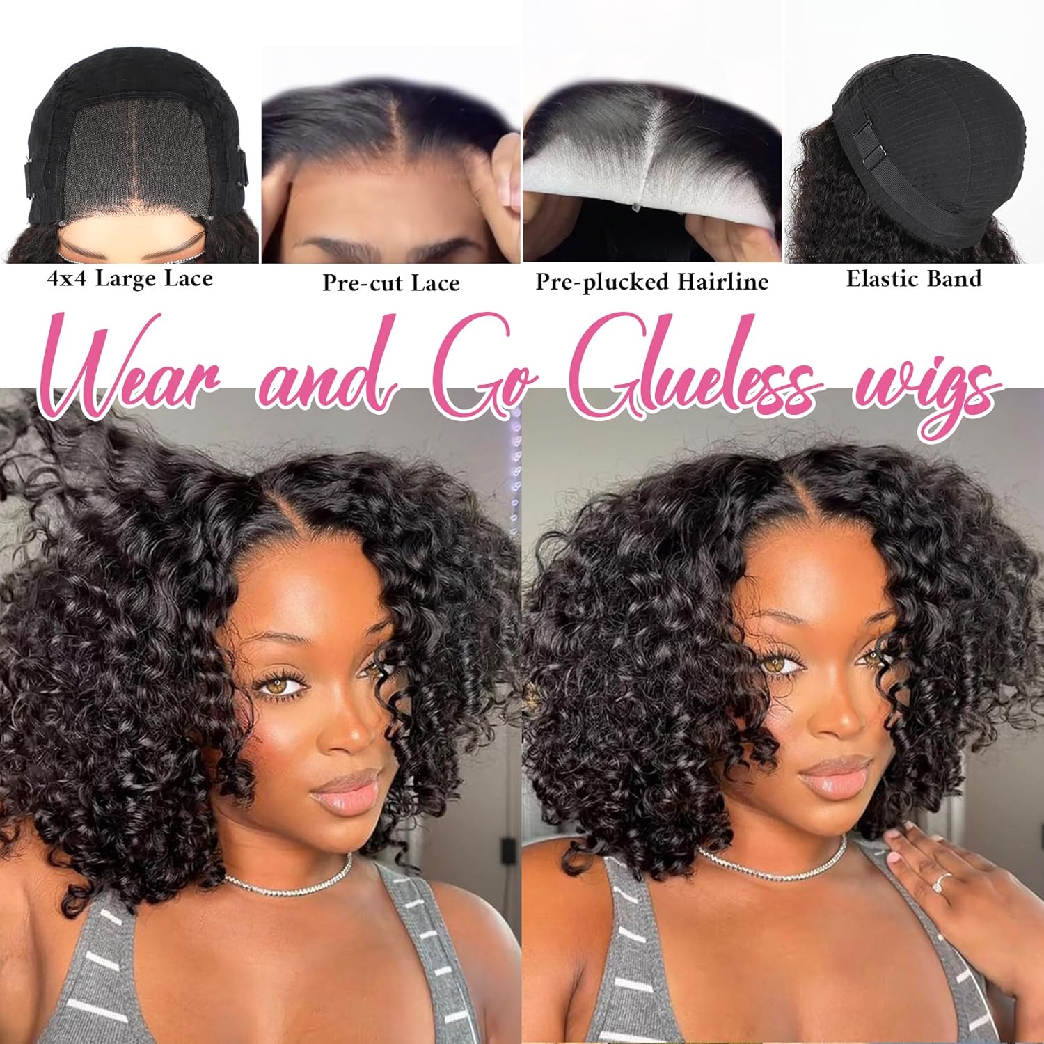 ORIGINAL QUEEN Wear and Go – Pelucas de cabello humano sin pegamento, peluca de cabello humano prearrancado con ondas de agua, pelucas de cabello