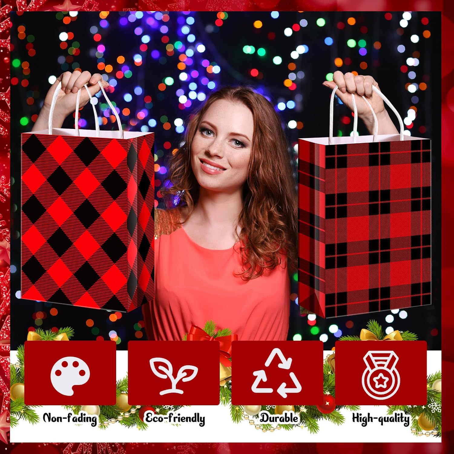Zhanmai 120 bolsas de regalo de Navidad, color negro y rojo, bolsas de papel kraft de búfalo a cuadros, bolsa de papel kraft de Navidad, bolsas de