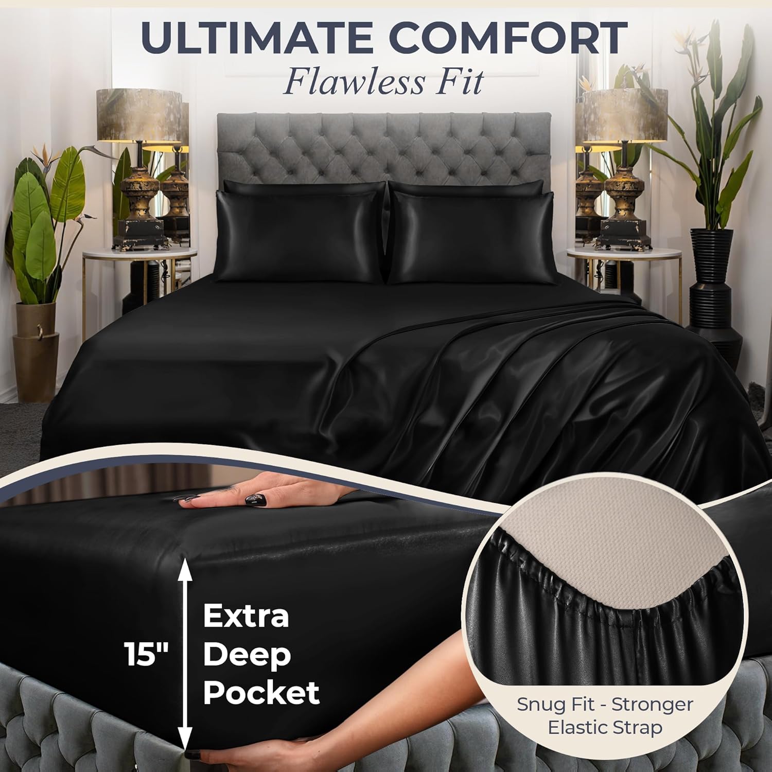 DECOLURE Juego de sábanas de satén King de 6 piezas, cómodas sábanas de satén de seda de lujo para hotel, elegantes, sedosas, suaves,