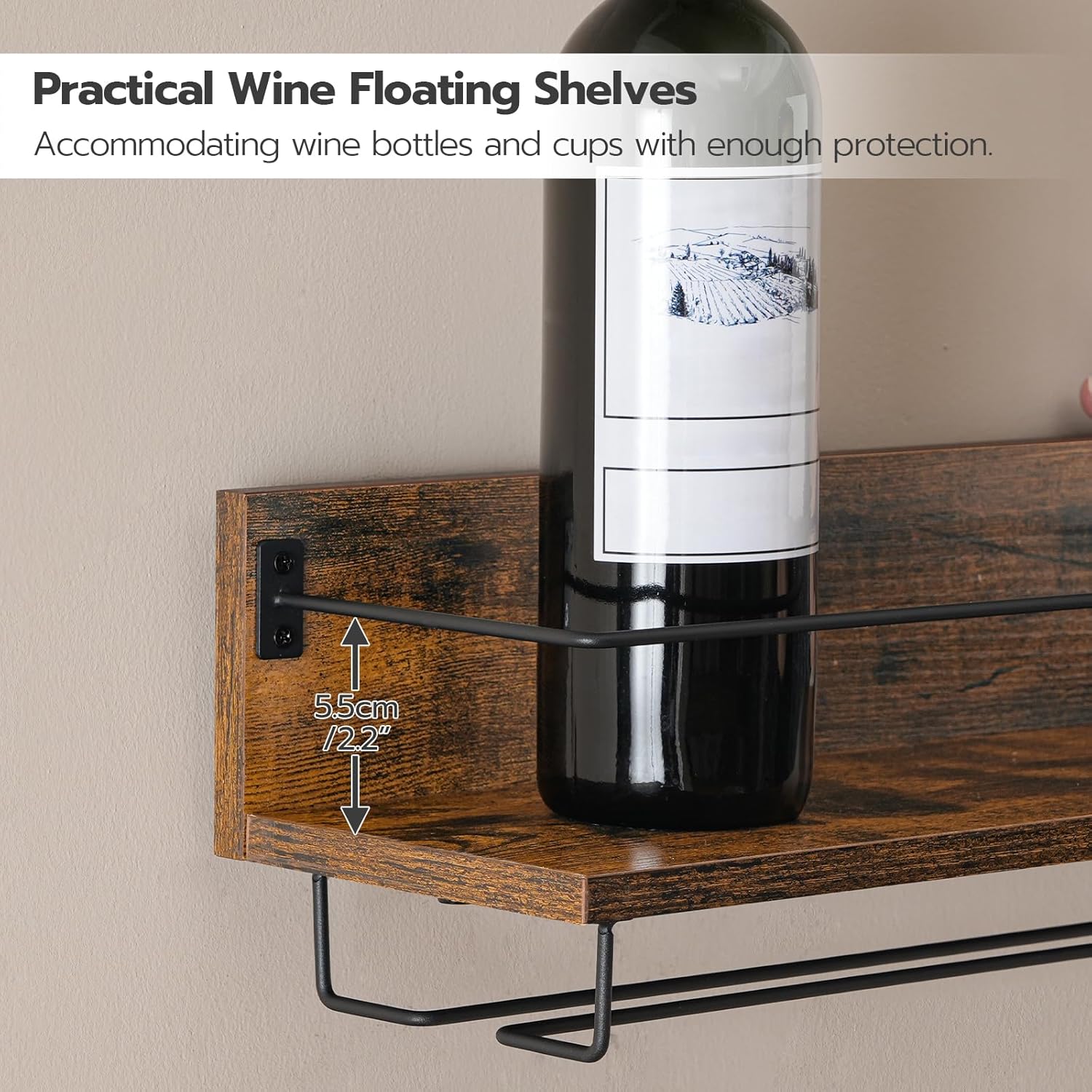 HOOBRO Estante de vino montado en la pared, paquete de 2 estantes flotantes para colgar en la pared, soporte para botellas de copa de vino, para