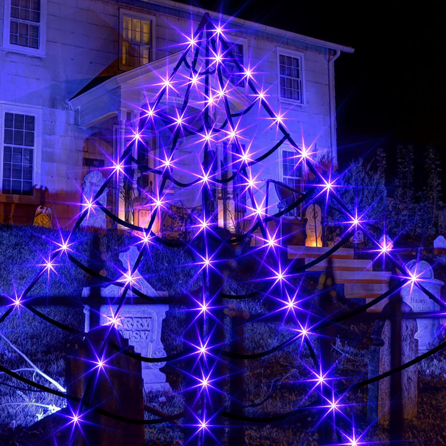Vanthylit Decoraciones de Halloween para exteriores, luces gigantes de telaraña de 16 x 15 pies con 135 luces LED moradas iluminadas para fiestas,