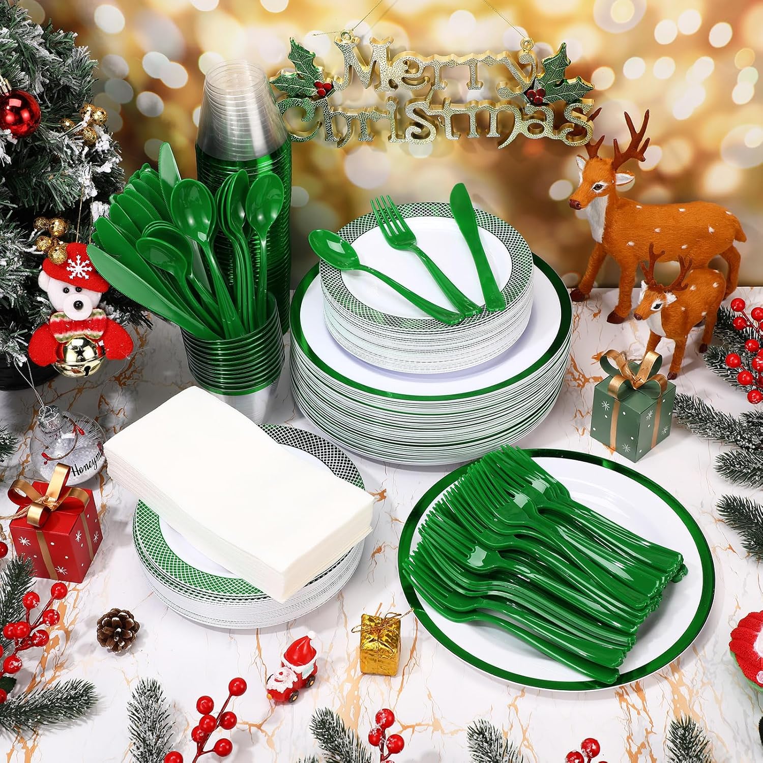 Yaomiao Juego de 350 platos desechables de Navidad con adornos para fiestas de Navidad, vajilla de plástico 90Z, cuchillos, tenedor, cuchara,