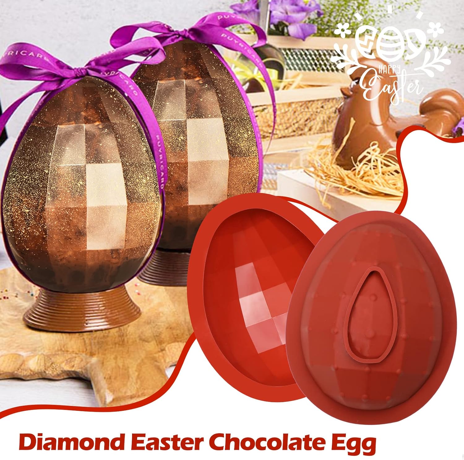 Webake Moldes de silicona para chocolate con diamante, grandes moldes de chocolate con huevo rompible en 3D con 1 martillo para Pascua