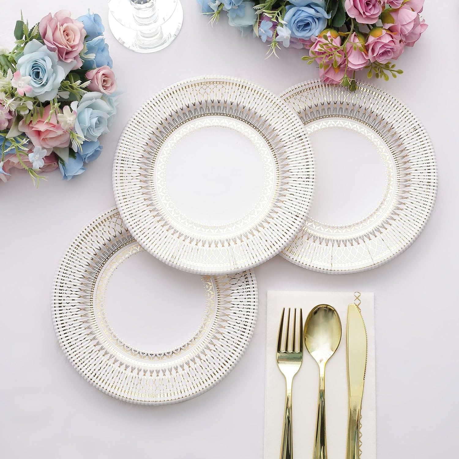 Efavormart – Paquete de 25 platos de papel de postre estilo vintage de porcelana dorada y blanca de 8 pulgadas, platos de fiesta desechables