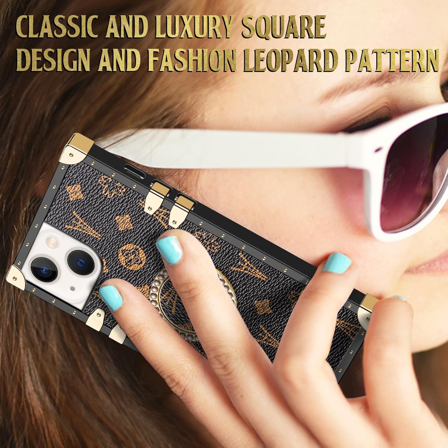 WOLLONY Funda cuadrada compatible con iPhone 15, elegante y lujosa funda para teléfono con soporte de anillo para mujeres y niñas, TPU suave,