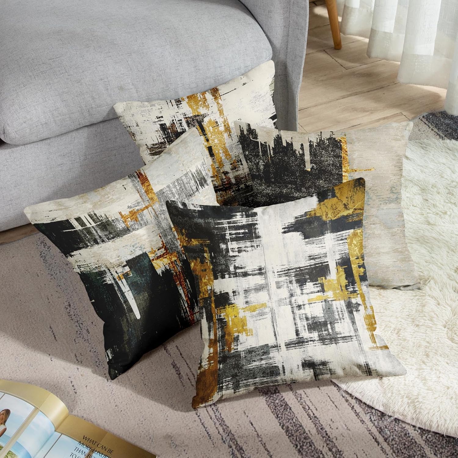 Juego de 4 fundas de almohada decorativas para decoración del hogar, diseño abstracto negro y dorado, fundas de almohada decorativas de 18 x 18