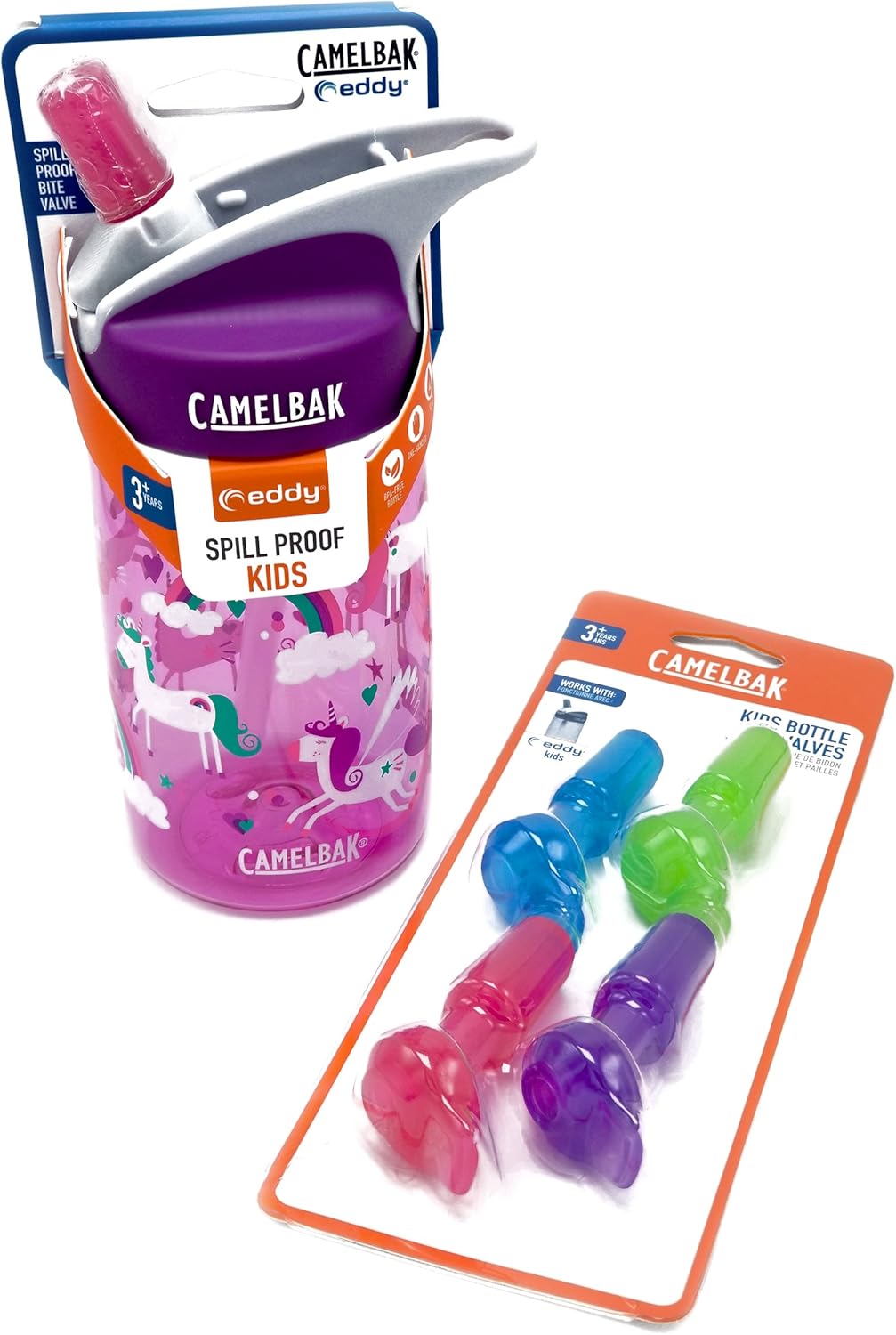 Camelbak Eddy Kids – Botella de agua de unicornio rosa de 12 onzas con 4 válvulas de mordida de colores