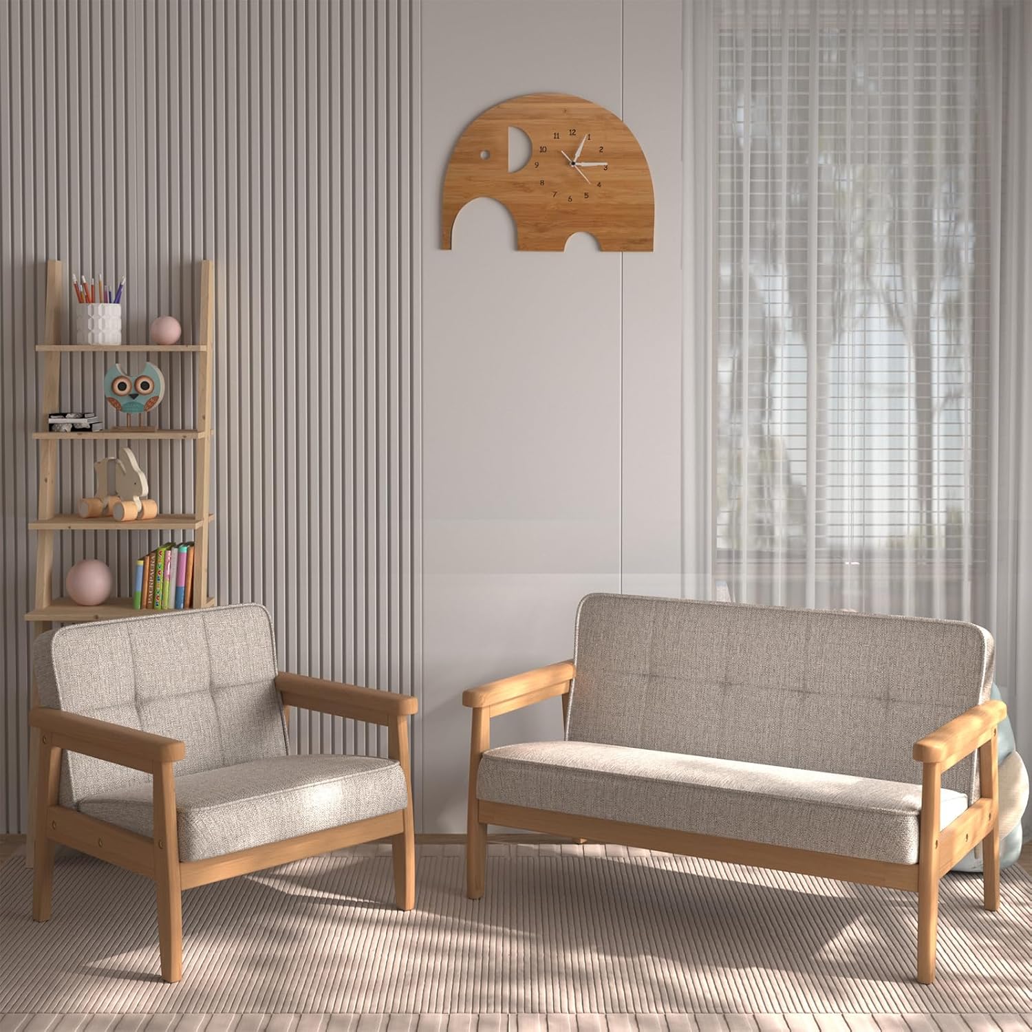 Yoonnie room Sofá de doble plaza para niños, sofá para niños con brazo de madera maciza y patrón de lino de PVC para el descanso de los niños (gris
