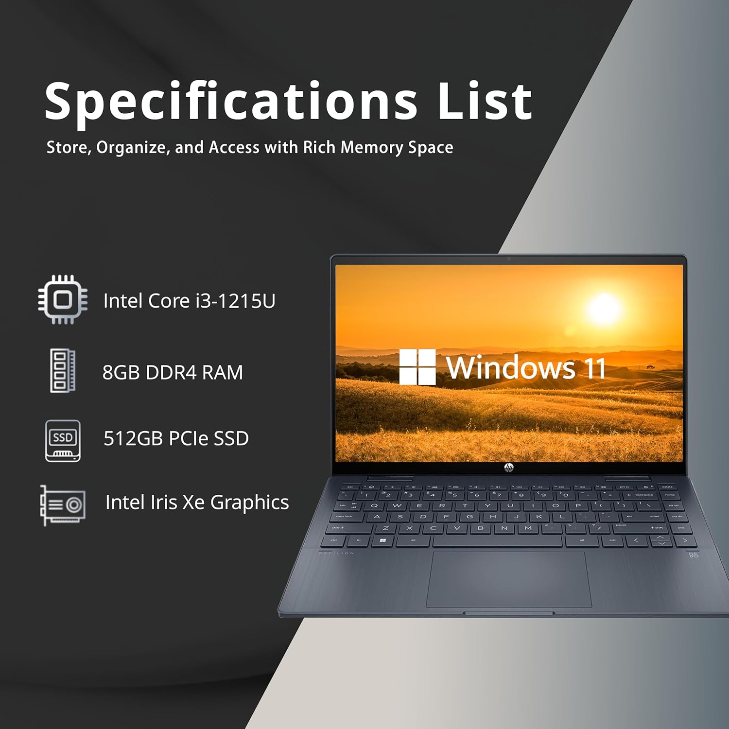 HP Pavilion x360 – Laptop 2 en 1, pantalla táctil FHD de 14 pulgadas, Intel Core i3-1215U, RAM DDR4 de 8 GB, SSD PCIe de 512 GB, gráficos Intel Iris