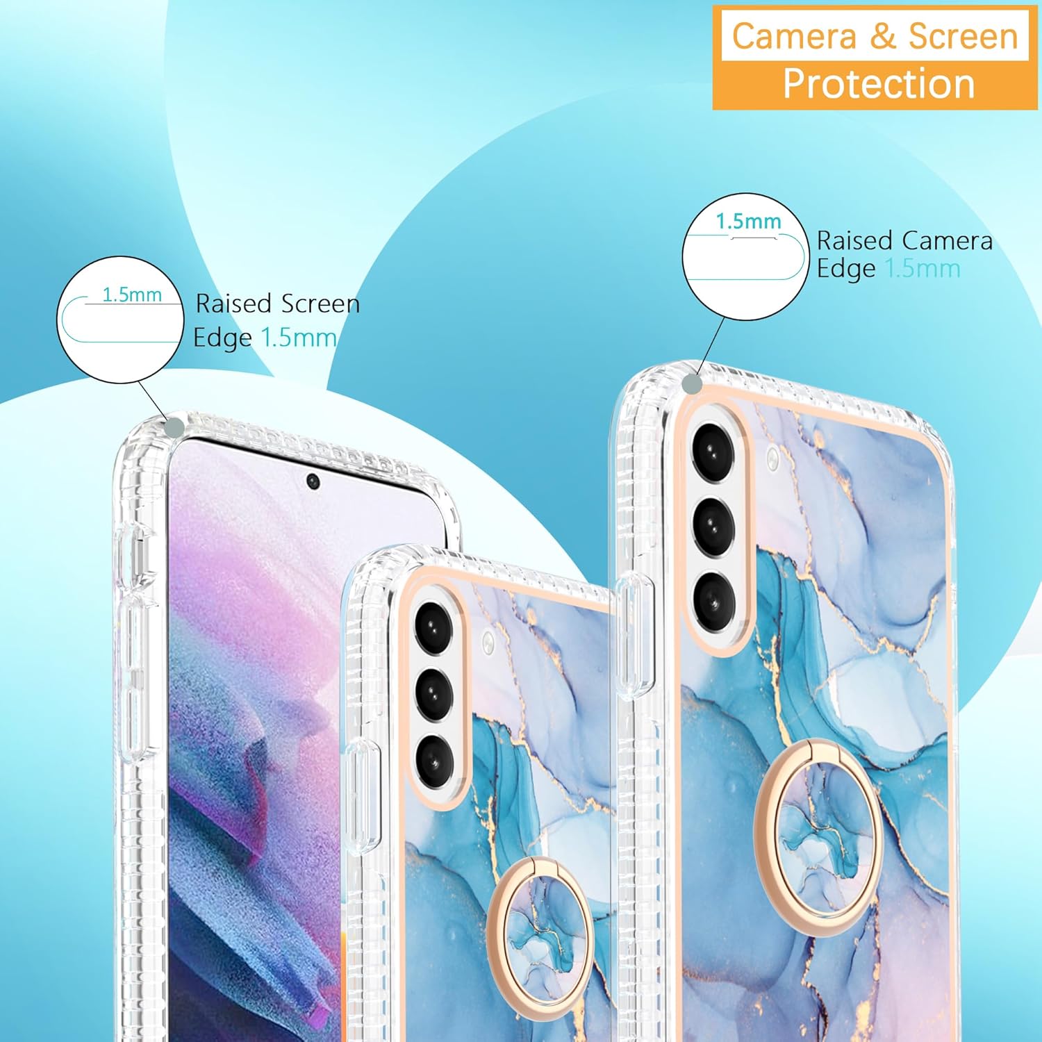 Asuwish Funda de teléfono para Samsung Galaxy S21 FE 5G con protector de pantalla y soporte para anillo de mármol, a prueba de golpes, silicona TPU,