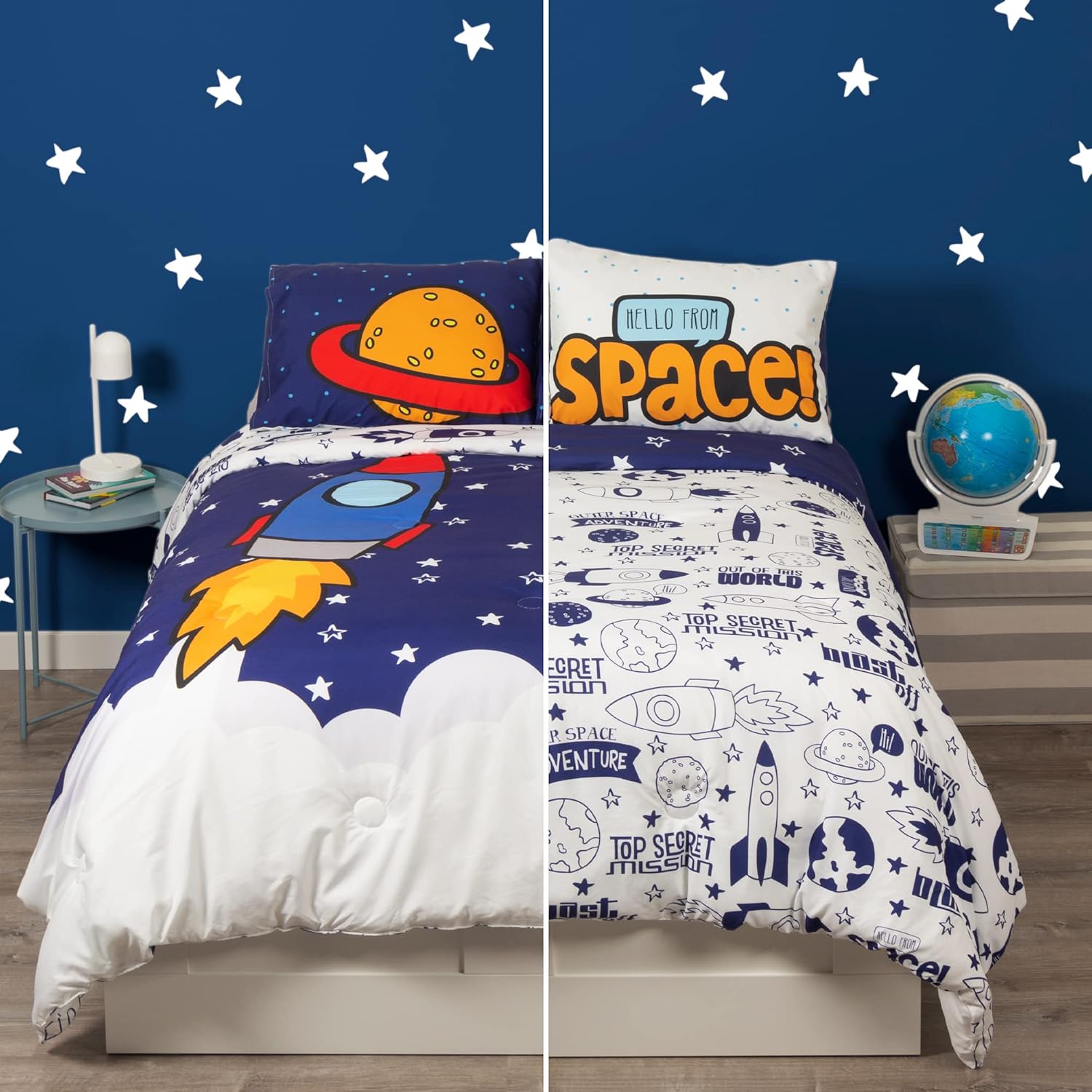 Juego de ropa de cama de microfibra verdaderamente reversible y súper esponjosa de 5 piezas para niños pequeños y niños, diseño de cohete espacial