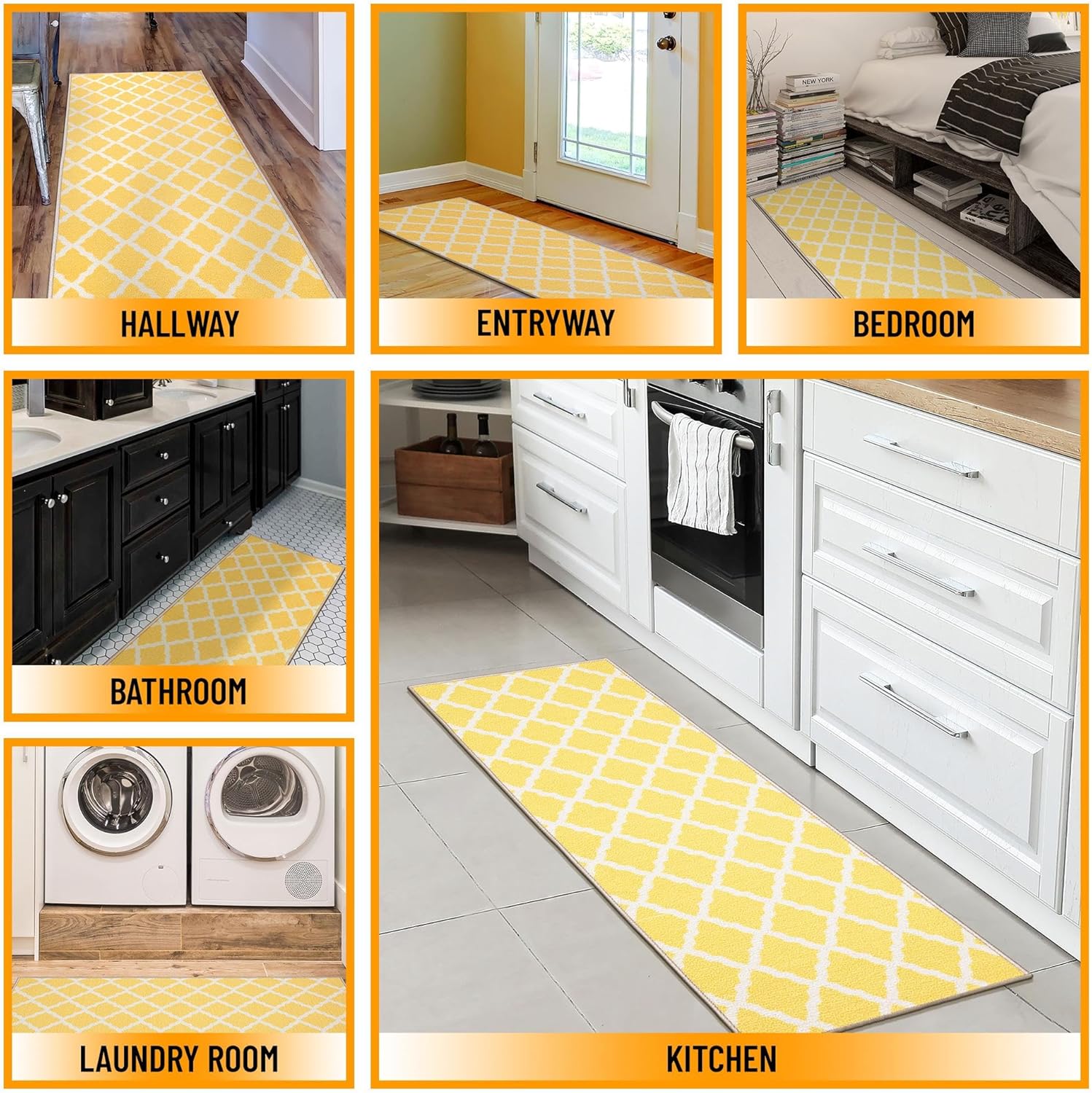 Ottomanson Glamour Collection – Tapete largo con diseño de enrejado marroquí y respaldo de caucho antideslizante para interiores, color amarillo,