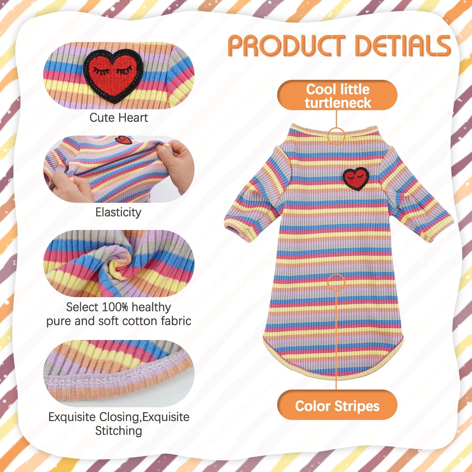 Bonaweite Sphynx Camisa de gatos sin pelo, Cornish Rex Kitten Rainbow Stripe Camisetas con mangas, suéter de cuello alto transpirable para gatos,
